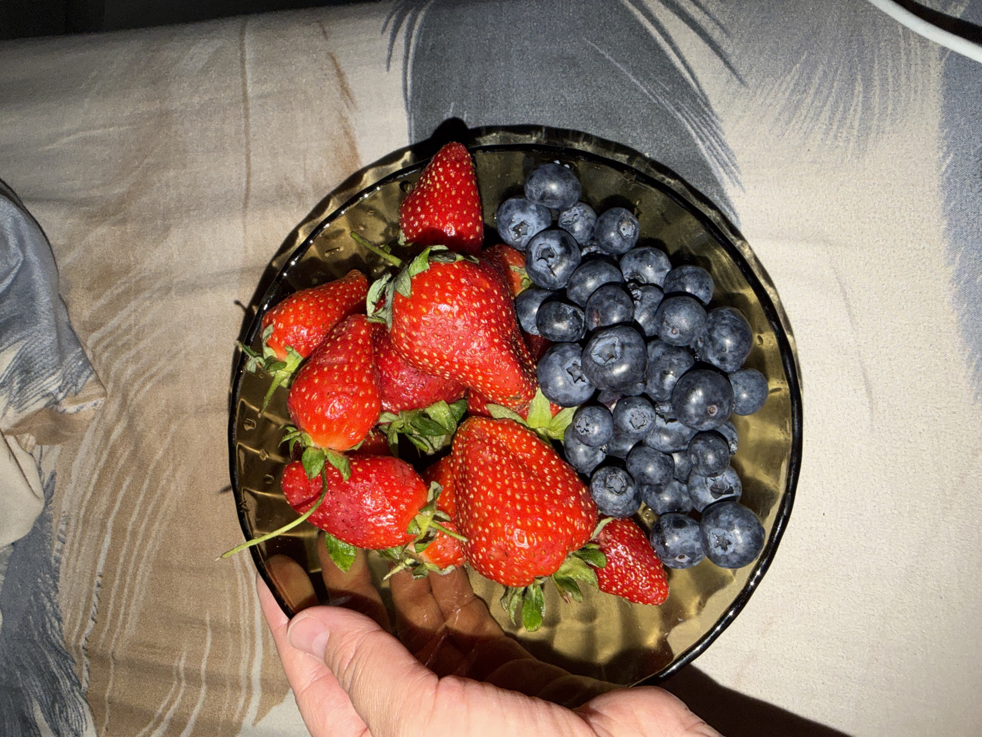 A high-angle shot depicts a person holding a glass bowl filled with strawberries and blueberries. The strawberries are bright red and vary in size, some with green stems still attached. The blueberries are dark blue and tightly packed. The bowl has a dark rim and a translucent amber-colored base. The person's hand is visible at the bottom of the frame, holding the bowl. The background consists of a patterned fabric with shades of beige, gray, and white. The location cannot be determined.
