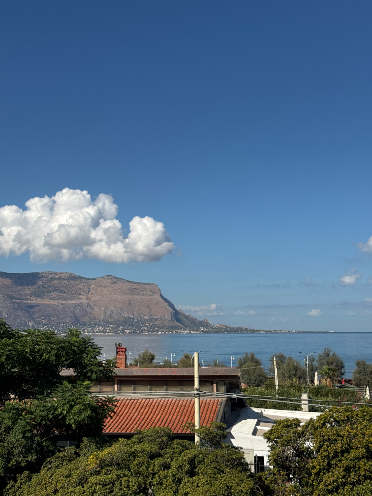 A bright, sunny day is depicted in this image, featuring a clear blue sky with fluffy white clouds. In the foreground, lush green trees and vegetation surround the rooftops of houses. One house has a red-tiled roof and a brick chimney. Beyond the houses, a calm blue sea stretches out, meeting a rocky, mountainous coastline in the distance. The coastline is dotted with buildings, suggesting a town or city. The overall scene evokes a serene coastal landscape, likely in the vicinity of Capaci, Italy, given the characteristic Mediterranean vegetation and coastal geography.