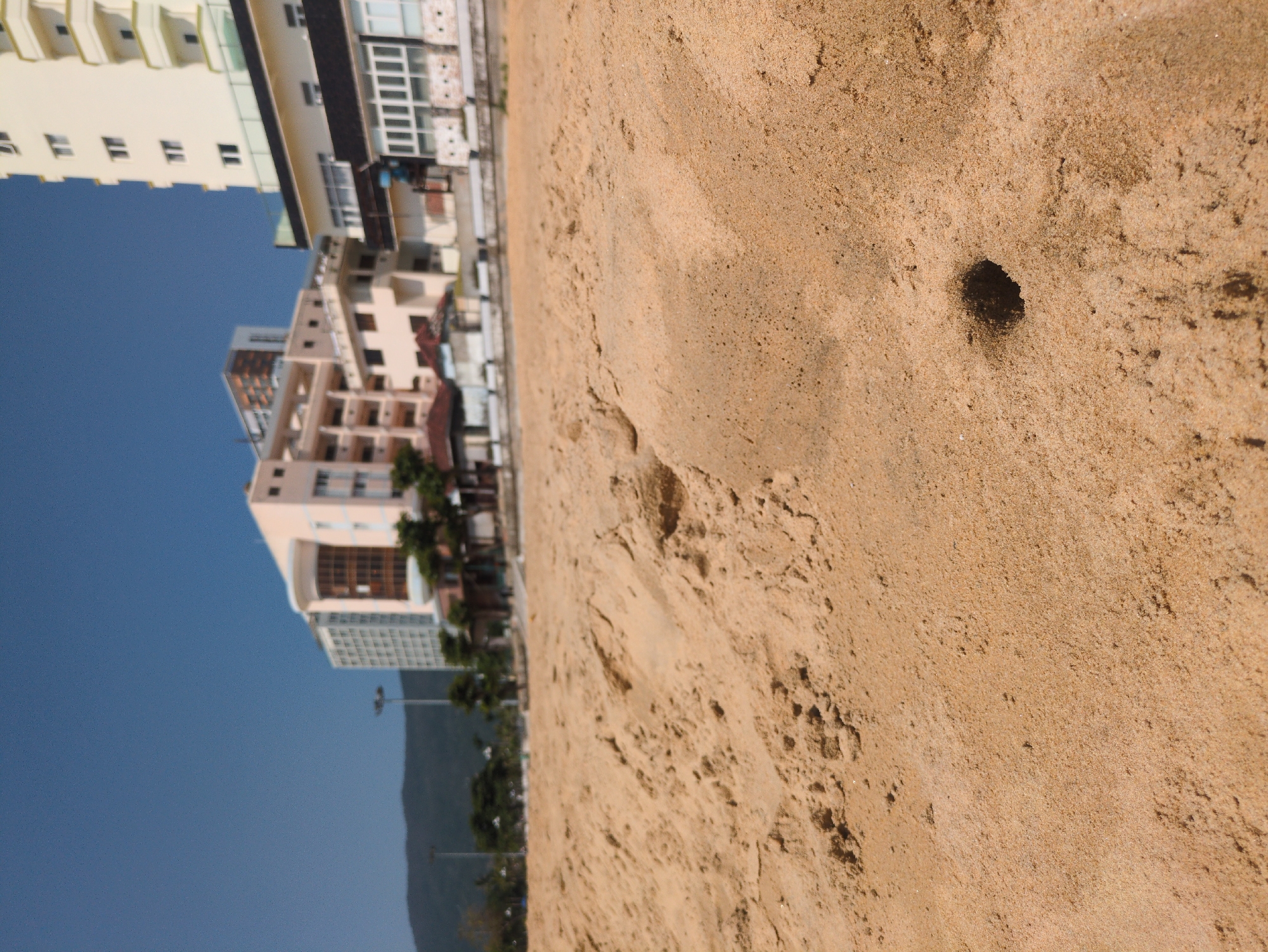 The image shows a close-up view of a sandy beach, likely in South Quy Nhon Ward, Vietnam, given the presence of buildings and a mountain in the background. The foreground is dominated by the sandy texture, including a small hole. To the left of the sand, there are buildings, a clear blue sky, and a tree-lined street leading up to a mountain in the distance. The image is rotated 90 degrees clockwise.