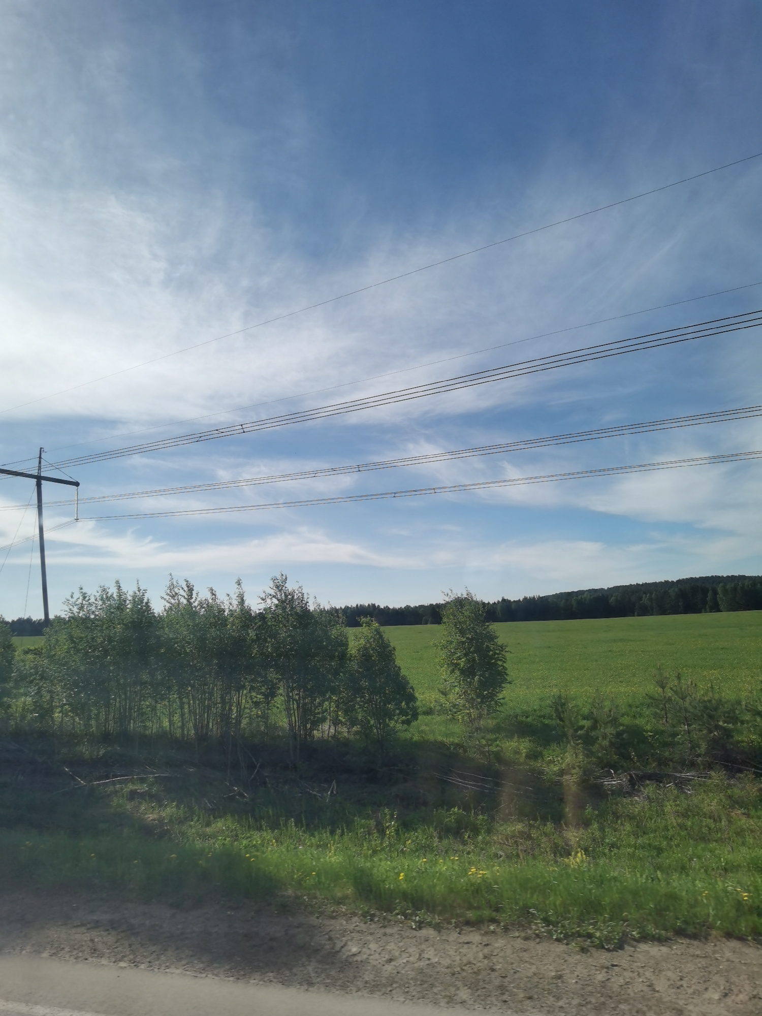 The image depicts a rural landscape under a bright, partly cloudy sky. Power lines stretch across the upper portion of the frame. A utility pole is visible on the left side of the image. In the middle ground, a line of dense, green bushes and small trees separates a field from the roadside. The field stretches towards a tree line in the distance. The foreground shows a dirt road or shoulder with green grass. The location is not identifiable as Kirillovka, Russia, based on the image content. There are no visible people or actions in the scene.