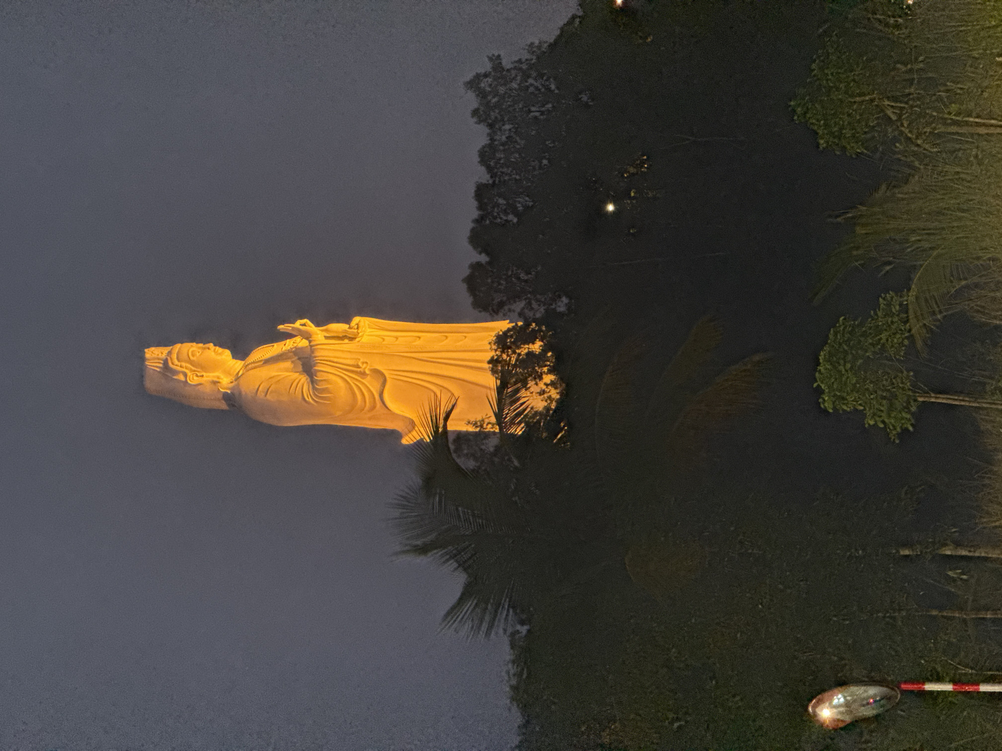 A brightly illuminated statue of a female figure is positioned on the left side of the frame, contrasted against a dark sky or backdrop. The statue is of a religious or cultural nature, resembling a Bodhisattva figure, possibly of Guanyin. It is likely made of stone or concrete, illuminated in a golden light.
On the right, dense foliage or trees appear, silhouetted in the darkness. Palm trees are also visible.
A reflective surface on the bottom right corner of the frame shows red and white horizontal stripes on a curb or barrier, alongside a streetlight. The ground seems to be paved.
Based on the presence of the Guanyin statue and palm trees, the location is likely Linh Ung Pagoda in Đà Nẵng, Vietnam, which is known for its large Guanyin statue overlooking the sea.