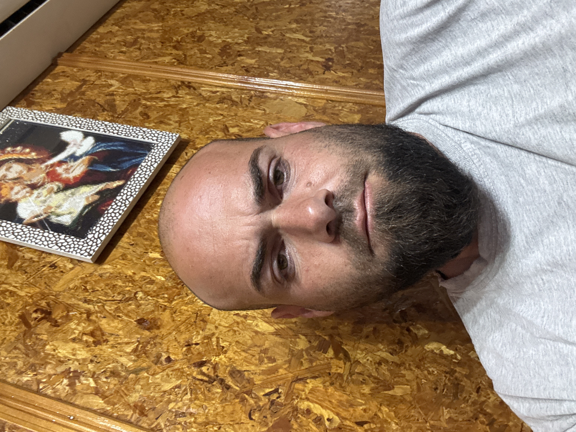 A medium, close-up, eye-level shot depicts a bald man with a beard wearing a gray t-shirt. He appears to be lying on a surface resembling wood or particle board. Next to him is a framed image featuring a religious scene. It is not possible to determine the location of Sarnevo, Bulgaria from the provided image.