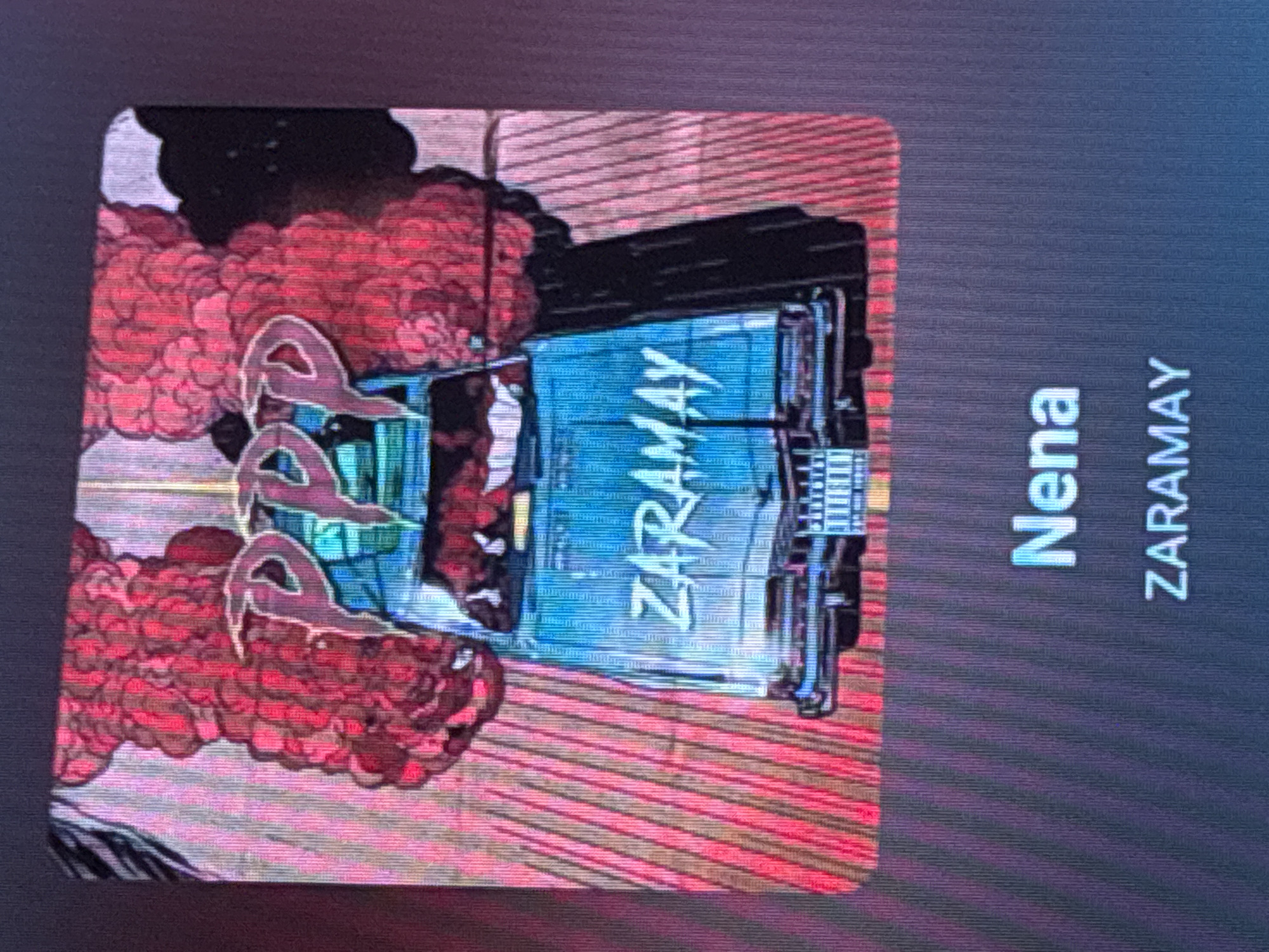 This media file captures a photograph of a digital screen, likely a monitor or television, displaying an album cover and associated track details. The image is rotated ninety degrees clockwise.
The central subject is a stylized album cover featuring a prominent, somewhat abstract design. In the foreground of the cover art, three large, reddish-pink, cloud-like or smoke-like formations dominate, partially obscuring the stylized letters "PPP." Behind these forms, a dark, angular structure, possibly a building or vehicle, is visible. Overlapping parts of this background structure is a bright, light-blue element with the word "ZARAMAY" written in a bold, white, stylized font. The overall aesthetic of the album art appears gritty or graphic, resembling a comic book style.
To the right of the album cover, on a dark gray background, is text displaying the song and artist information. The song title, "Nena," is shown in a larger, light-colored font. Below it, the artist's name, "ZARAMAY," is displayed in a smaller, light-colored font.
The presence of horizontal scan lines across the entire image indicates it is a photograph of a digital screen rather than a direct digital image. No specific time of day, weather conditions, or emotional states can be discerned from the image itself. While the context provided suggests the location is Buenos Aires, Argentina, there are no visual cues within the photo to confirm this.