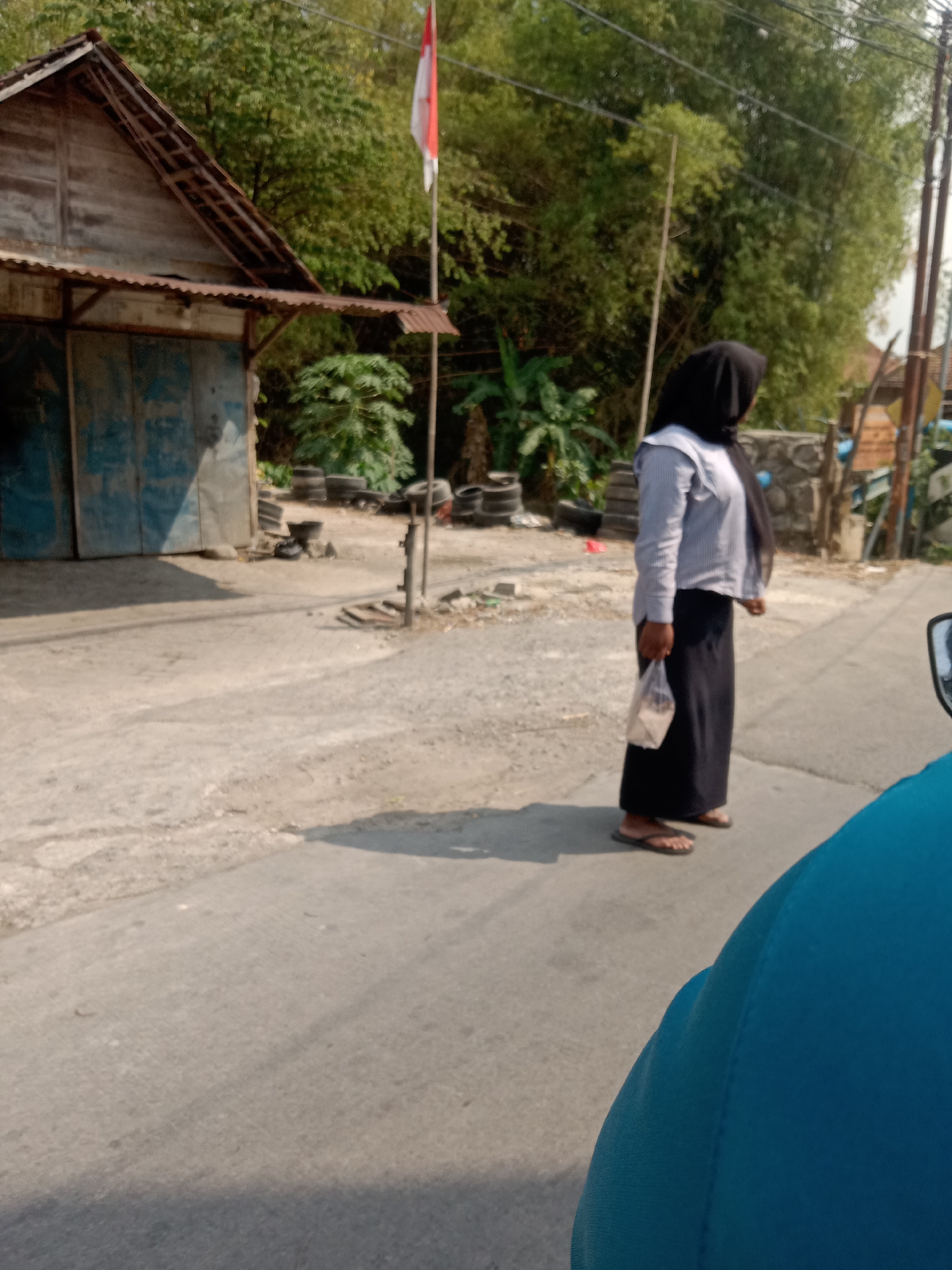 In Sugihwaras, Indonesia, on a paved road, a woman wearing a black hijab and a light-colored striped long-sleeved shirt stands holding a translucent plastic bag in her right hand. She is also wearing a long black skirt and dark flip-flops. Behind her, a rustic wooden building with a corrugated metal roof stands partially open, its blue-painted doors faded. In the background, a flagpole displays the Indonesian flag, red and white, fluttering against a backdrop of lush green trees. The scene suggests a bright, sunny day, with shadows cast on the road.
