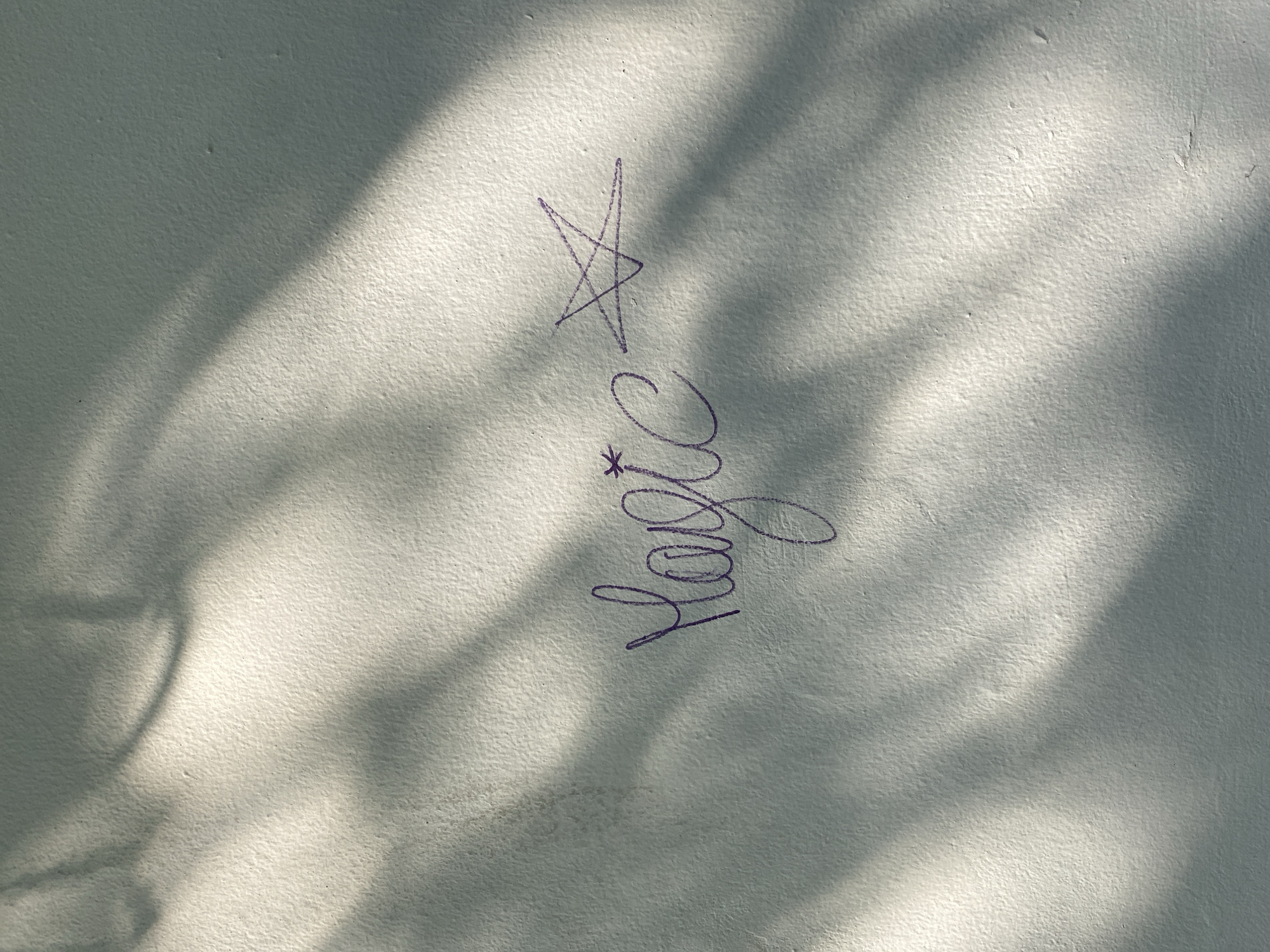 The image shows the word "magic" written in purple ink on a textured white wall, with a star symbol next to it. The writing appears to be in cursive, with a small asterisk above the "i" in "magic". Shadows of leaves are cast across the wall, suggesting an outdoor setting. The image does not contain any information to indicate it is located in Warsaw, Poland.