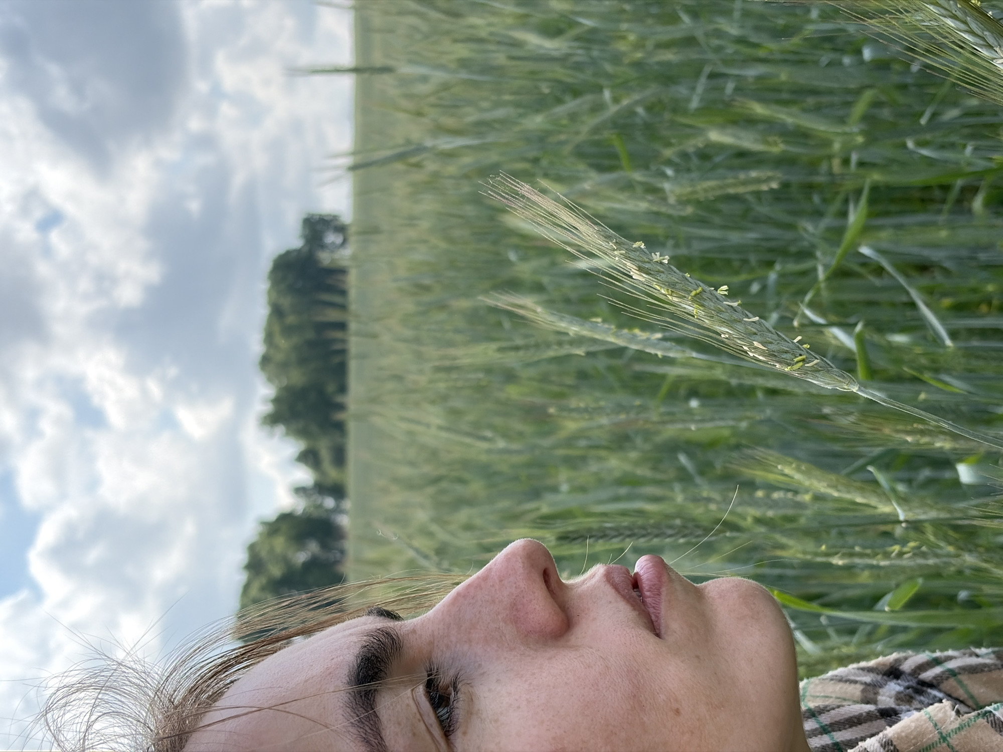 An outdoor, medium close-up shot shows a young person's profile looking to the left from the chest up, in a field of green wheat under a partly cloudy sky. The person's right eye, nose, and mouth are visible, with fine facial hairs and freckles. Their hair, a light brown, is windswept and falls across their forehead and cheek. They are wearing a plaid shirt. The background is a vast expanse of ripening wheat, with a line of trees in the far distance. The image was taken in Gushchino, Russia.
