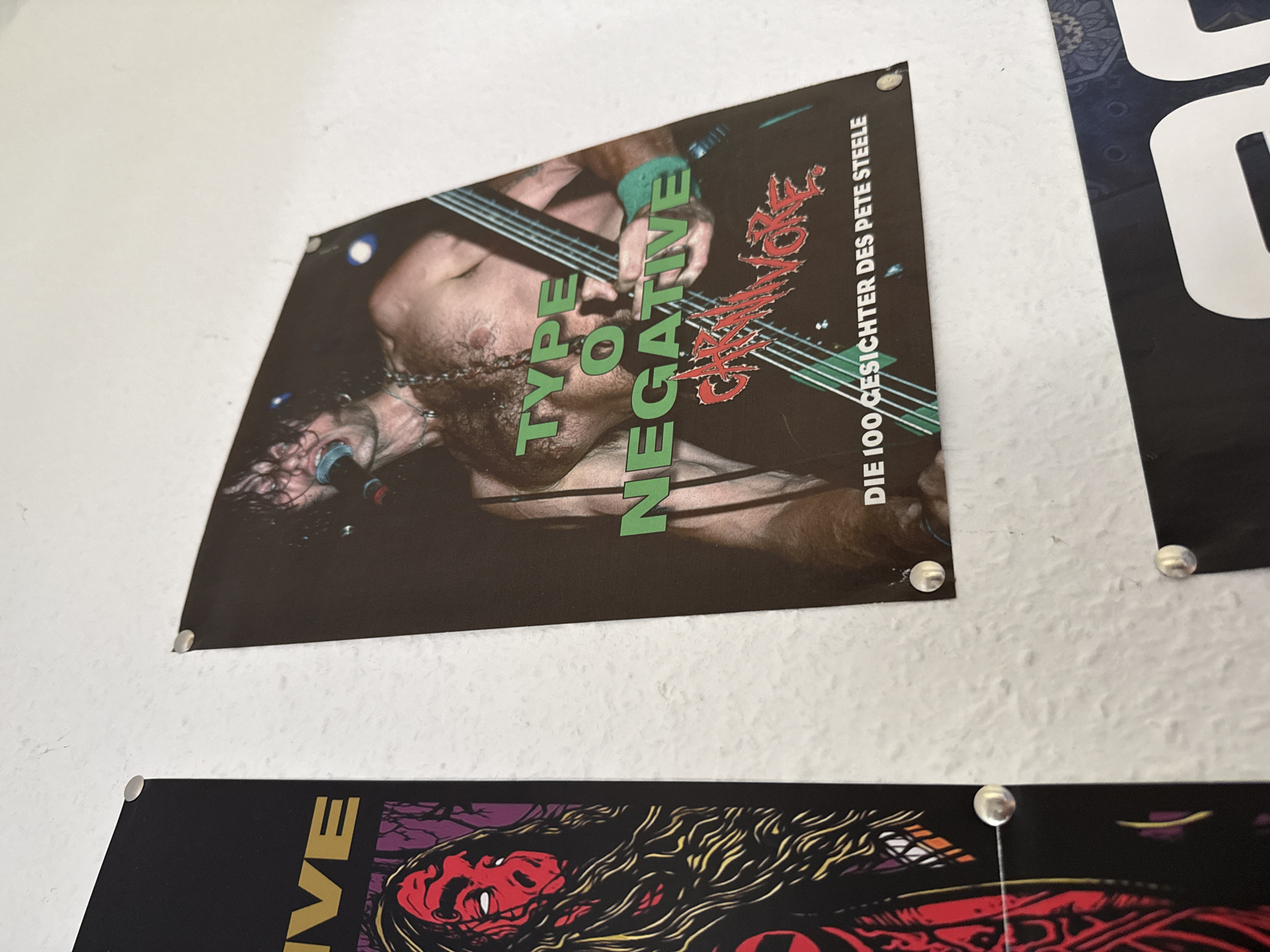 The image shows a wall with several posters attached. One poster features a band member playing a bass guitar. The band name "TYPE O NEGATIVE" is displayed in green lettering above the musician. Below the band name, the word "CARNIVORE" is written in red. At the bottom of this poster, text reads "DIE 100 GESICHTER DES PETE STEELE". Another poster on the left shows a figure with red skin and long, dark hair. The posters are held to the wall with small metal thumbtacks. The wall appears to be textured. There are no visible indications of the specific location in Bad Sachsa, Germany, within the provided image.