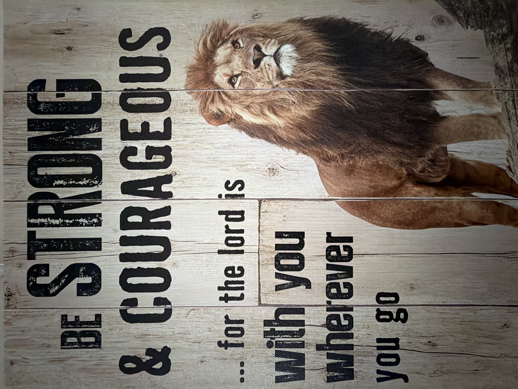 The image is a vertical, full-frame photograph of a motivational wall art piece featuring a lion. The text on the art reads: "BE STRONG & COURAGEOUS ... for the lord is with you wherever you go". The background of the art is a faux wood paneling. The lion, depicted in the right half of the image, is a male with a prominent mane and is looking to its right. The art is indoors, but its specific location within Wellford, United States of America, is not discernible from the image.