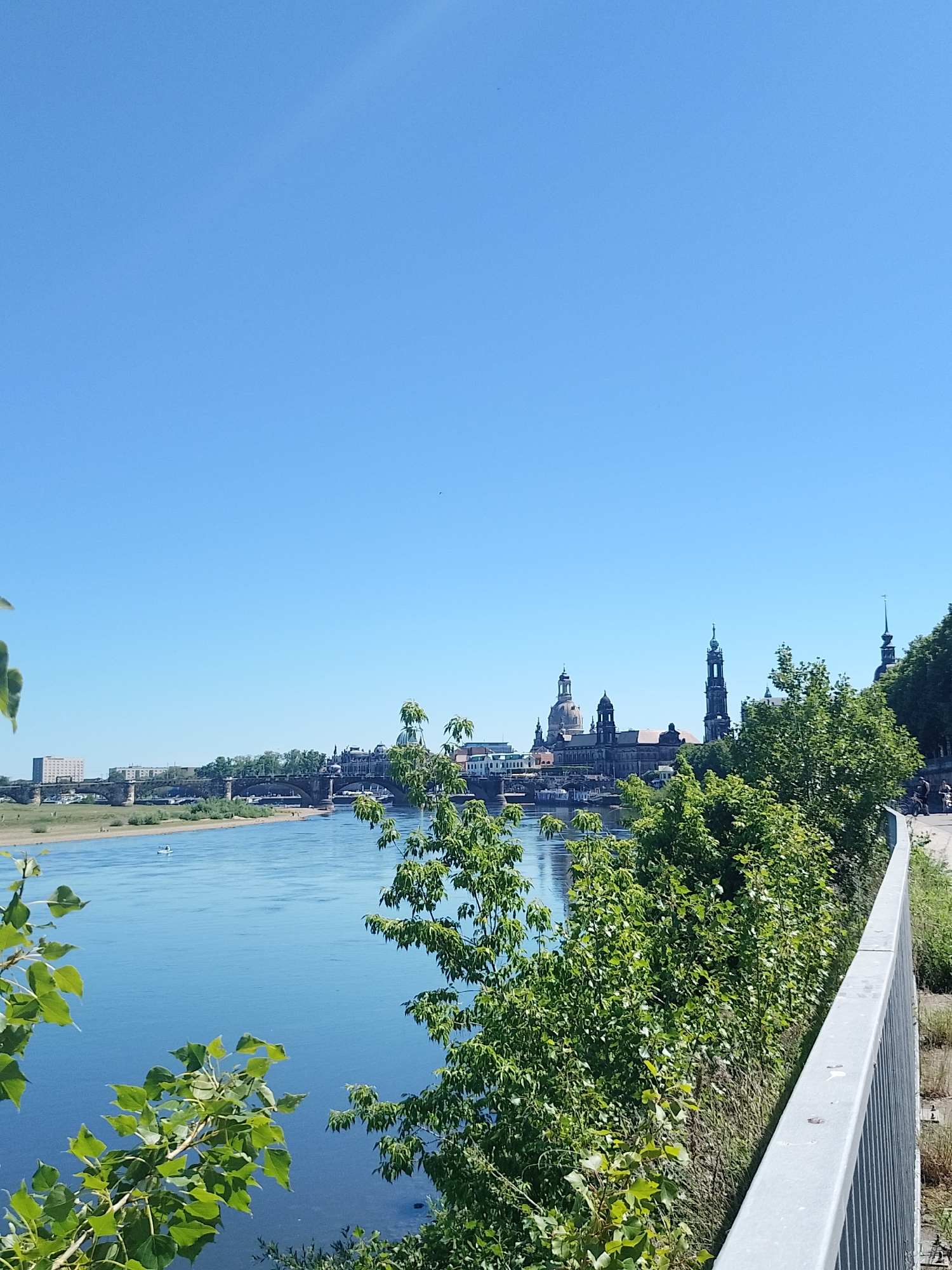 The image captures a landscape of Dresden, Germany, along the Elbe River on a clear, sunny day. The blue sky dominates the upper portion of the image, providing a backdrop to the city skyline. The Elbe River flows in the middle ground, with the city’s architectural landmarks visible in the distance. Notable structures include the Frauenkirche dome, the Dresden Cathedral, and other church spires. In the foreground, green foliage and trees partly obscure the view of the river and city. A gray metal railing runs along the right side of the frame, suggesting the vantage point is from an elevated path or bridge. People are walking along the path.