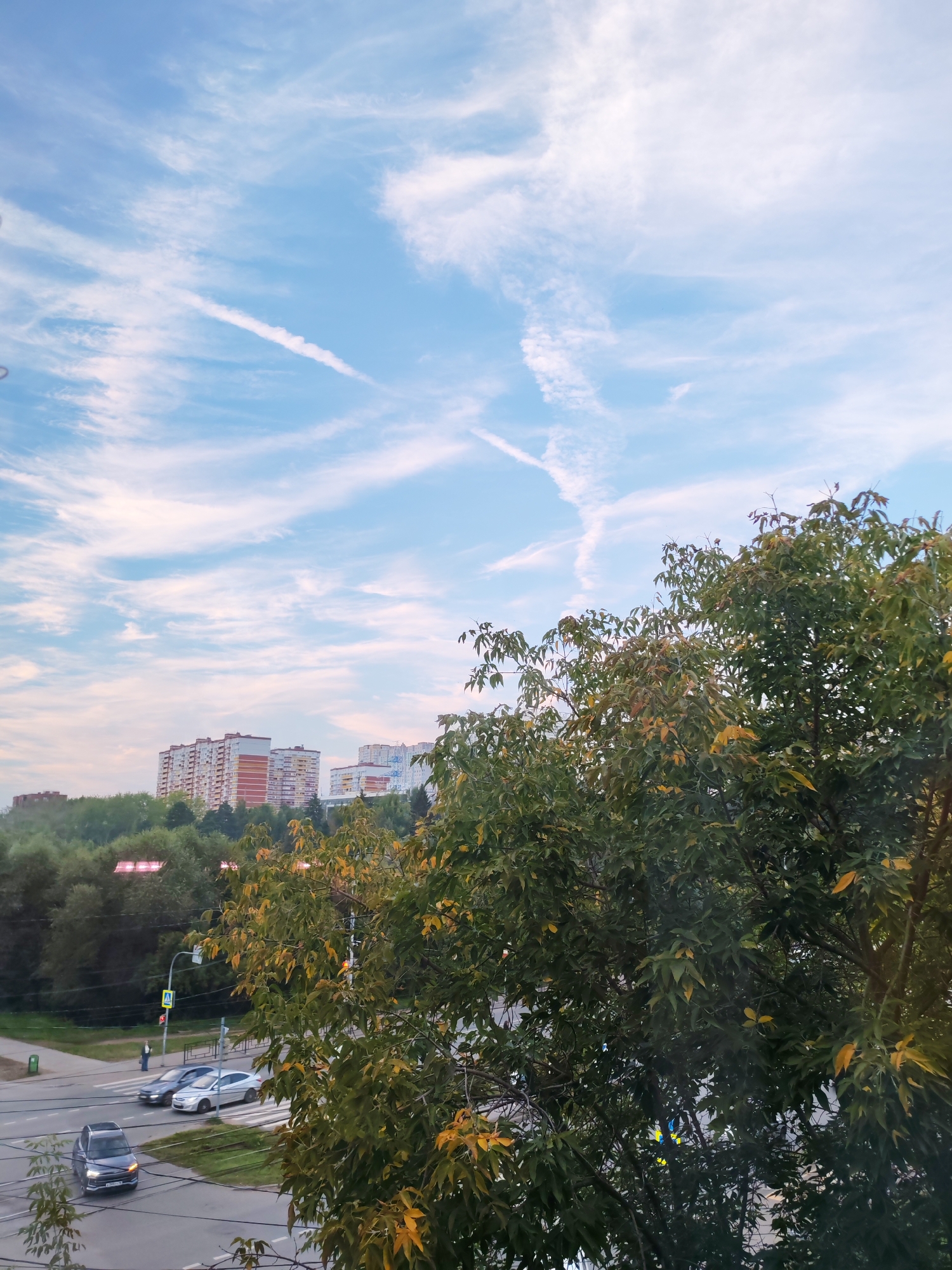 This is a medium shot, eye-level, vertical photograph of a city scene in Izhevsk, Russia. The sky is a bright blue with wispy white clouds and contrails from aircraft. In the middle ground, a line of trees with some autumn-colored leaves is visible, behind which are several multi-story apartment buildings with red and white facades. In the foreground, the branches of a leafy tree with yellowing leaves obscure part of the view. Below the trees and buildings, a street is visible with a pedestrian crossing, a traffic light, and several cars. One car is in the foreground on the left, a dark gray SUV. To its right and further back, a silver sedan and a darker car are stopped near the pedestrian crossing. A single person is standing on the sidewalk near the crossing. The overall impression is an urban landscape with elements of nature, possibly taken from a residential building.