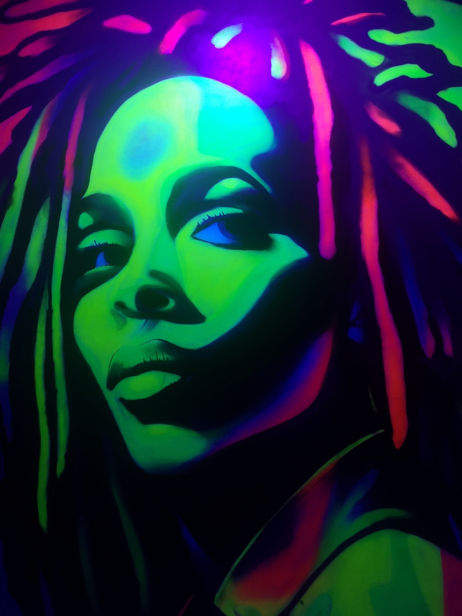 The image is a close-up portrait of a person with dreadlocks, rendered in neon colors, reminiscent of a blacklight poster. The person's face is predominantly green, with blue highlights on the eyes and lighter green on the forehead. The dreadlocks are a mix of green, pink, and red. The background is dark. There is no information in the image that could identify the location as the city of Chaikovsky, Russia.