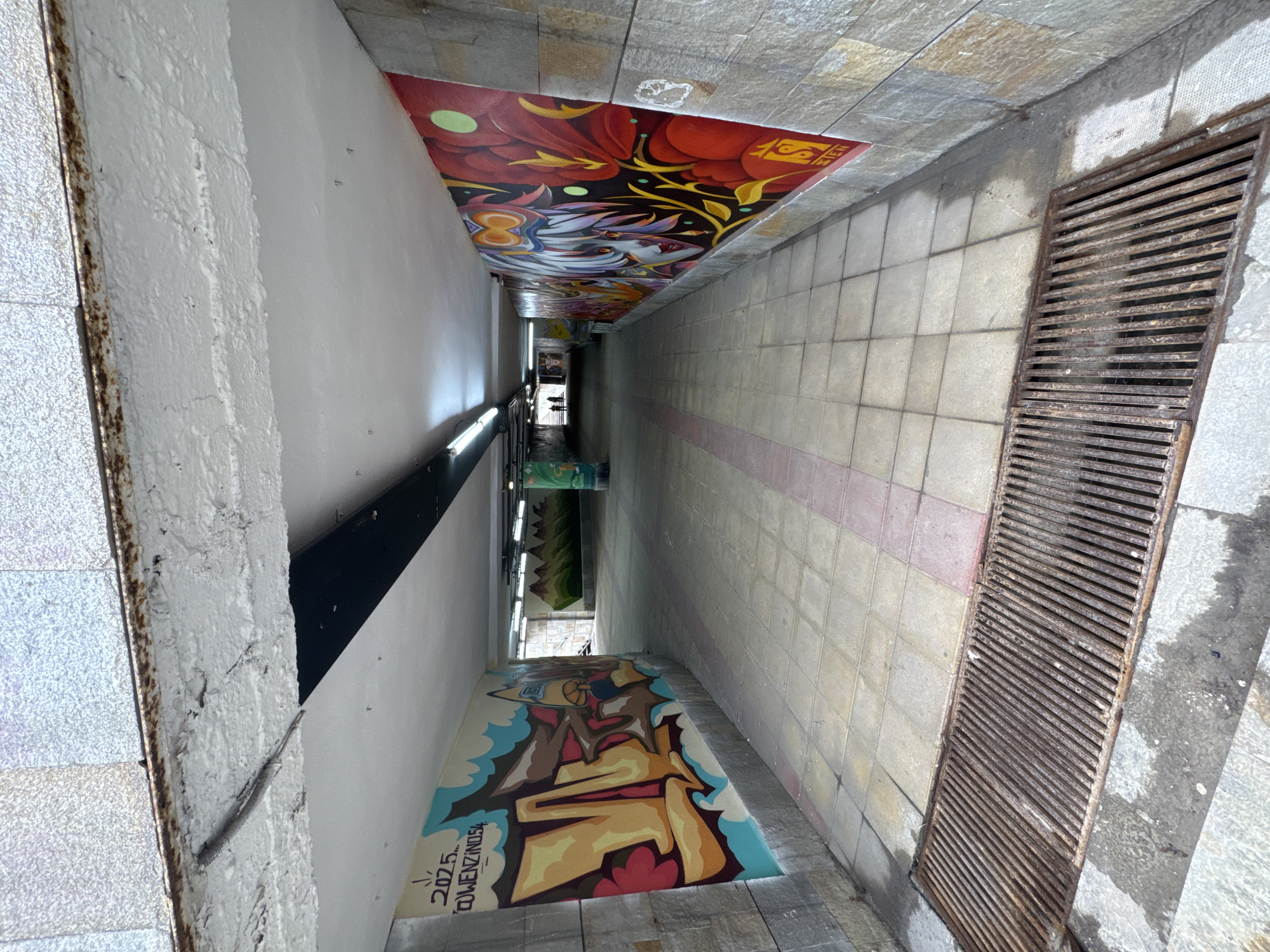 The image depicts an underpass in Sofia, Bulgaria, likely a pedestrian tunnel beneath a road or railway. The underpass has tiled walls and a floor with a red stripe down the center. The walls are painted with colorful graffiti murals. One mural is on the bottom wall of the image and shows a brown, yellow, red and blue design. The top wall of the image also has a colorful mural, and more are visible in the distance. Fluorescent lights illuminate the tunnel. A metal drain cover is visible on the right side of the image. The perspective of the photo gives the tunnel a narrow appearance.