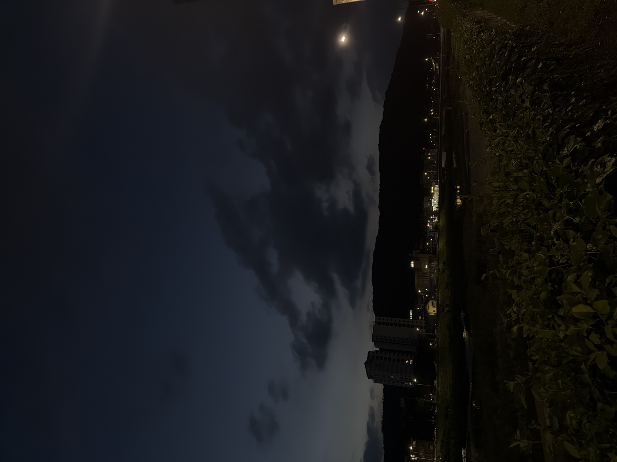The image shows a dark, moody scene at dusk or night in Dongducheon-si, South Korea. In the foreground, dense green foliage obscures the lower portion of the frame. Behind the vegetation, a body of water, possibly a river or stream, reflects the dim lights from the distant cityscape. Across the water, a low mountain range forms a dark silhouette against the twilight sky.
On the slopes of the mountain, various buildings are visible, including at least two tall, multi-story apartment buildings. These structures are illuminated from within, with lights showing through the windows. Streetlights dot the landscape along the waterfront and in the urban area. The sky is a deep, dark blue, with dramatic, heavy clouds scattered across it, obscuring most of the stars and any hint of the moon. The overall impression is one of a quiet, perhaps slightly overcast, evening in a city nestled amongst hills. There are no visible people in the image.