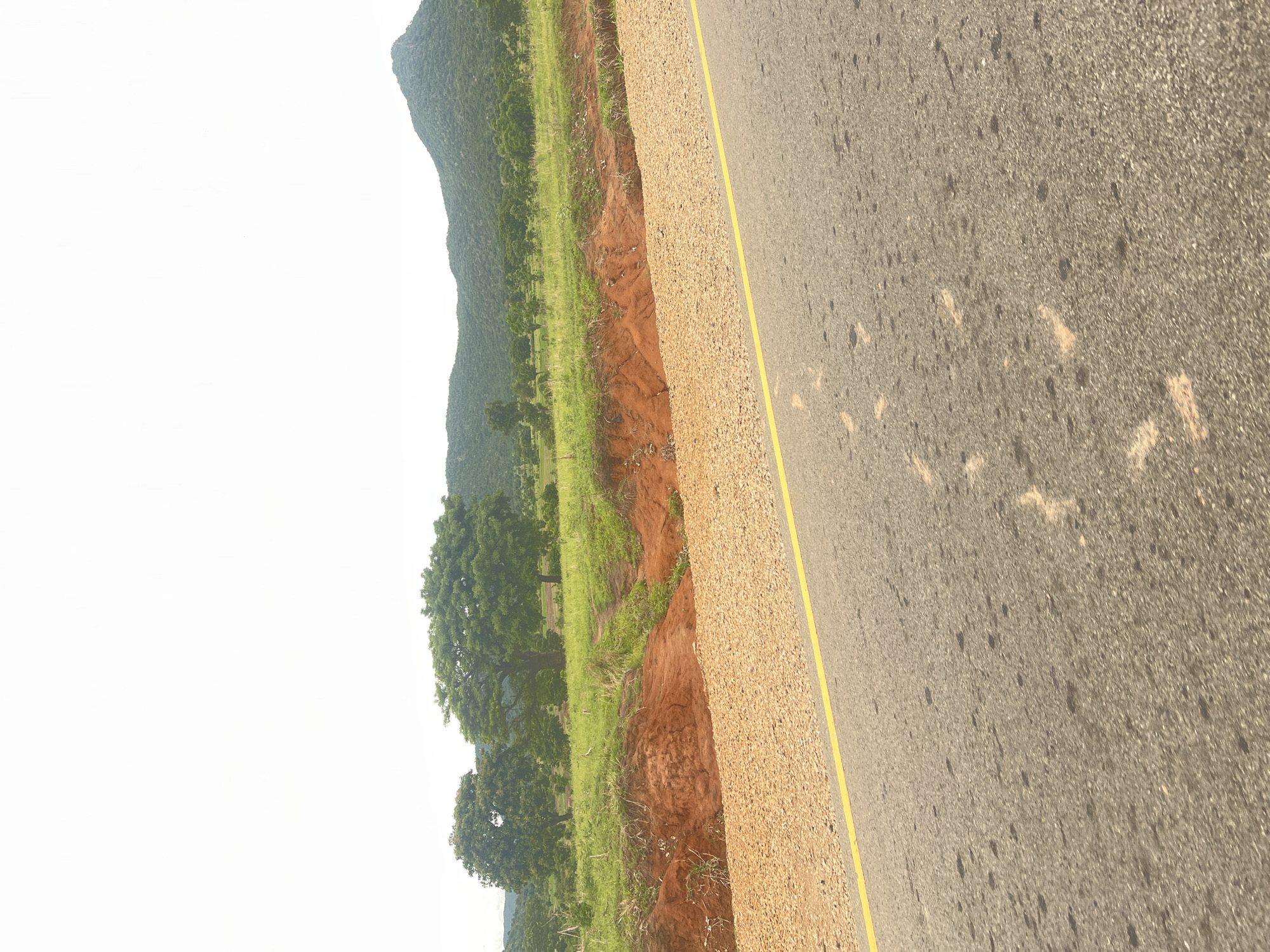 This media file depicts a road in Minda, Nigeria, bordered by a gravel shoulder and a grassy embankment. The road itself is paved and appears to be an asphalt surface with a yellow painted line marking the edge. The surrounding landscape is lush and green, with rolling hills covered in vegetation stretching into the distance. Several trees are scattered throughout the scene, some of them large and mature. The sky is bright and overcast, suggesting it is daytime, possibly mid-morning or afternoon, with diffused sunlight. The overall impression is one of a rural or semi-rural setting in a tropical or subtropical climate. There is no visible text in the image. The scene is peaceful and natural, with no human activity or man-made structures other than the road.