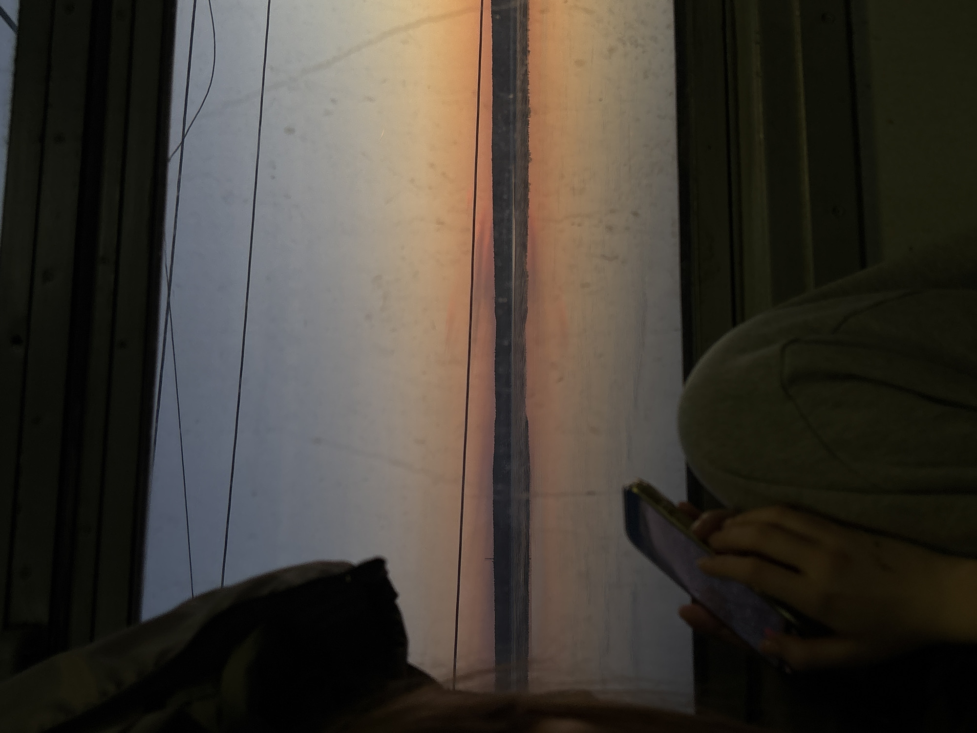 A person is holding a smartphone in their hands, likely viewing or interacting with its screen. The person is seated near a window, with a view of the exterior. The outside light indicates either sunrise or sunset. The location is likely a train car, considering the window's structure and the presence of overhead wires. The specific location in the city of Пальники, Russia, cannot be verified from the given visual information.