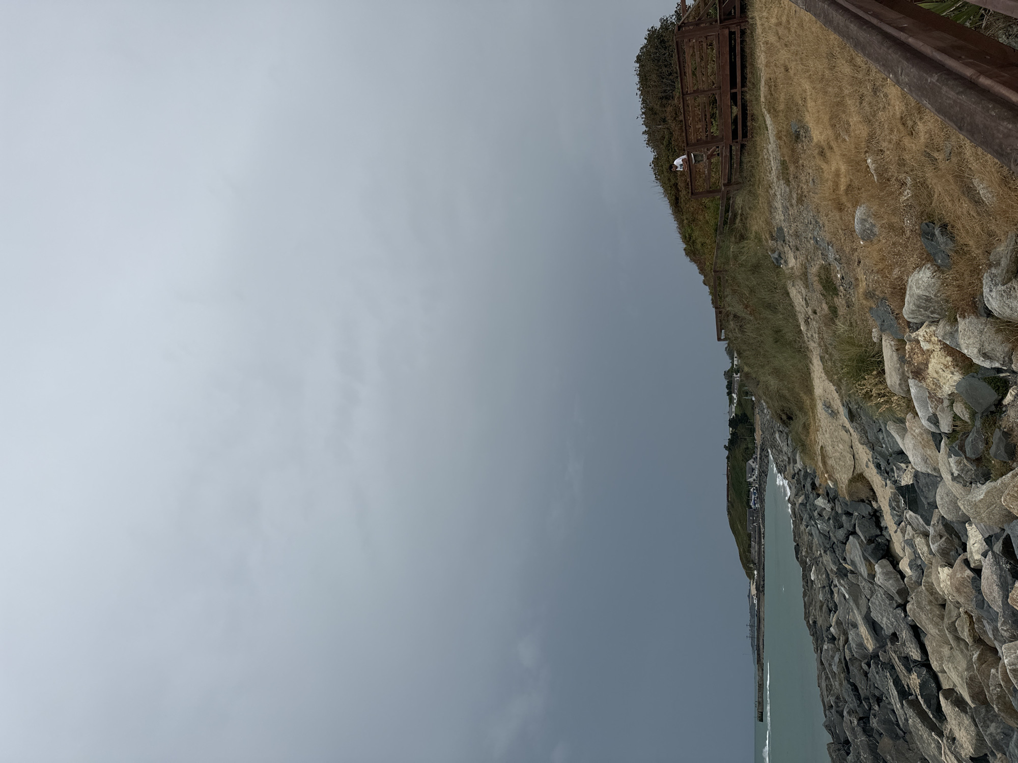 The image depicts a coastal scene in Courtown, Ireland, on an overcast day. The foreground is dominated by a rocky shoreline, with large, grey stones forming a natural barrier against the sea. Beyond the rocks, the turquoise water of the ocean meets a sandy beach. In the middle ground, a grassy, elevated area slopes upwards, featuring a wooden boardwalk with railings. A person wearing a white t-shirt is standing on the boardwalk, looking out towards the water. A small, distant town is visible on the coastline, characterized by houses and a hill dotted with green vegetation. The sky is filled with dark, heavy clouds, suggesting impending rain. The overall atmosphere is somber and rugged, typical of a maritime environment.