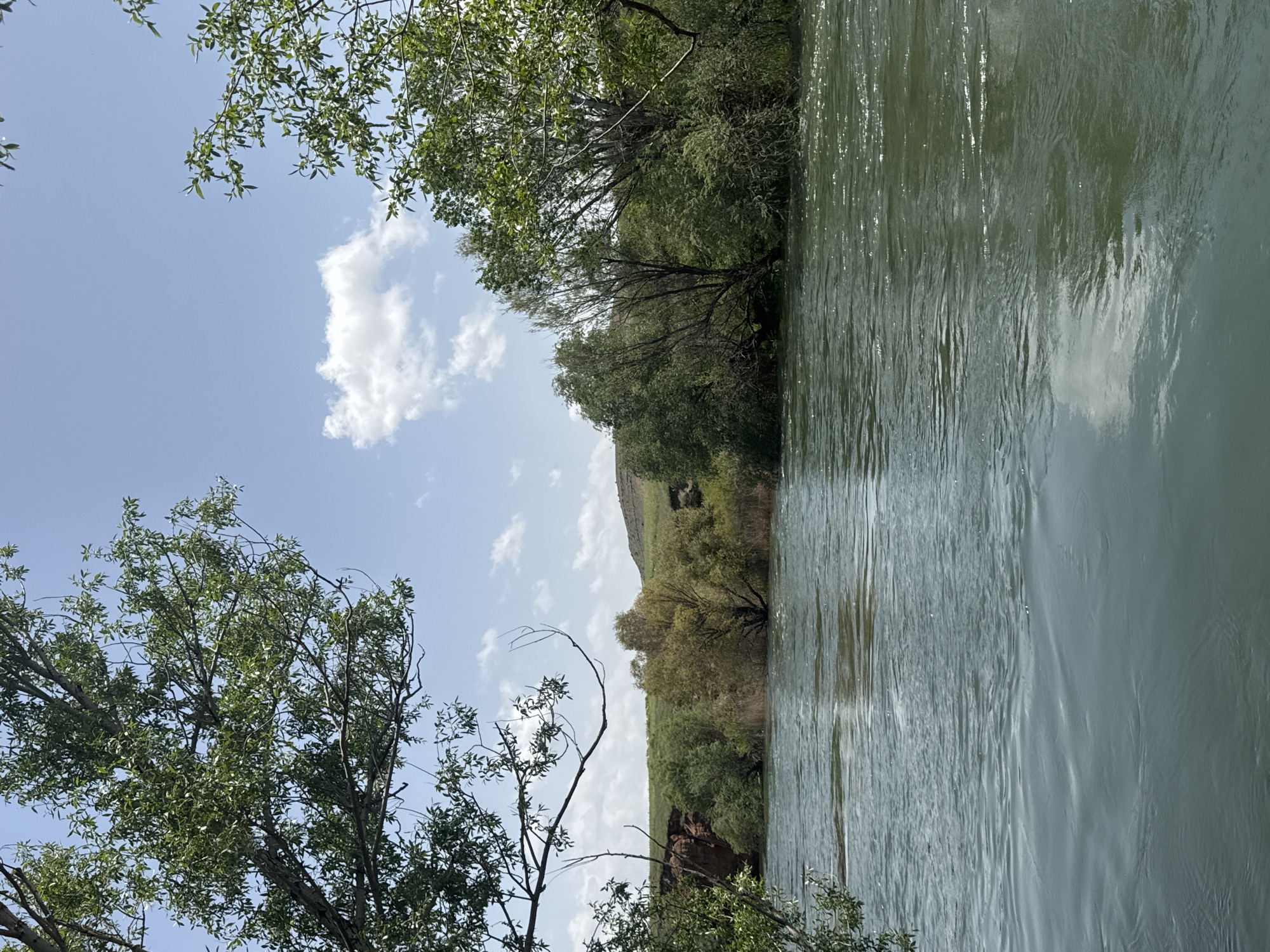 The image depicts a river flowing through Avanos İlçe Merkezi, Turkey. Lush green trees line both sides of the riverbank. The sky is a light blue with scattered white clouds. The water appears murky with gentle ripples across its surface. A small hill is visible in the background.