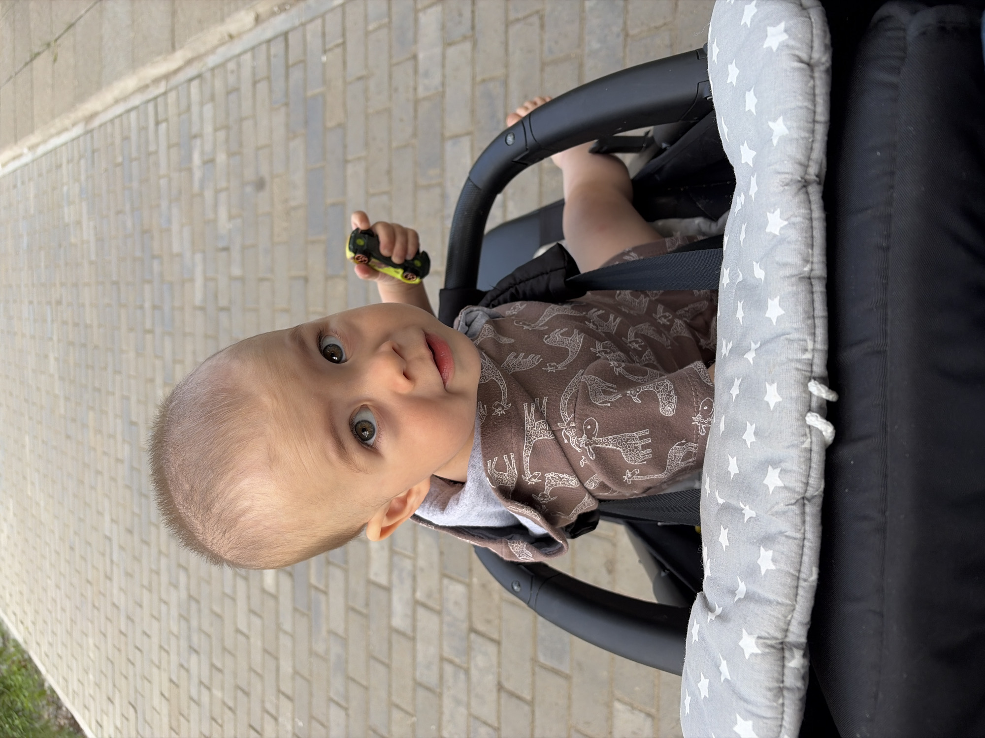 A young child, likely a toddler, sits in a stroller on a brick-paved pathway in Chaikovsky, Russia. The child is wearing a brown hooded shirt with a giraffe pattern and is holding a small yellow toy car. The stroller has a gray cushion with white stars. The pathway extends into the distance, with a thin strip of green foliage visible on the left side of the image. The overall lighting suggests it is daytime.