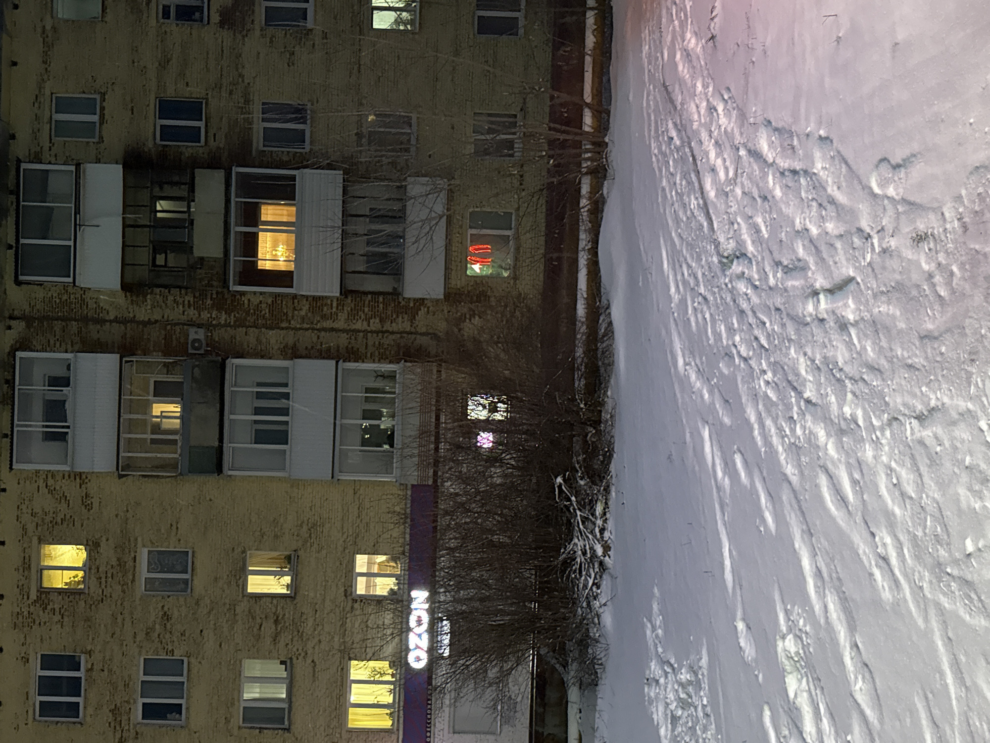 The image shows a winter scene in Votkinsk, Russia, at night. A multi-story brick building is on the left, with several lit windows and some windows with closed blinds or open balcony doors. An "OZON" sign, vertically oriented, is attached to the building. Adjacent to the building is a snow-covered area, with visible tracks and patterns in the snow. A small tree or bush grows between the building and the snowy area.