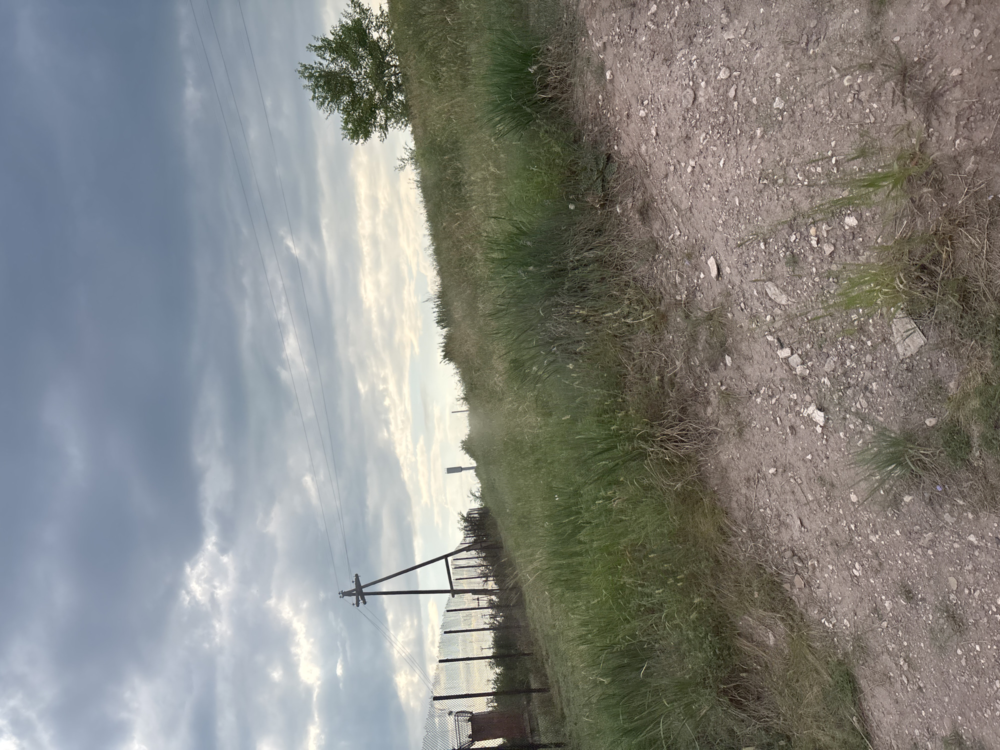 The image shows a dirt road with sparse vegetation on the right side, leading to a grassy incline. A chain-link fence runs along the left side of the road, separating it from a field with tall grass and some scattered bushes. A wooden utility pole with wires extends upwards from behind the fence. In the background, a few trees are visible on the horizon, against a cloudy sky. The scene appears to be an outdoor area, possibly on the outskirts of a settlement.
