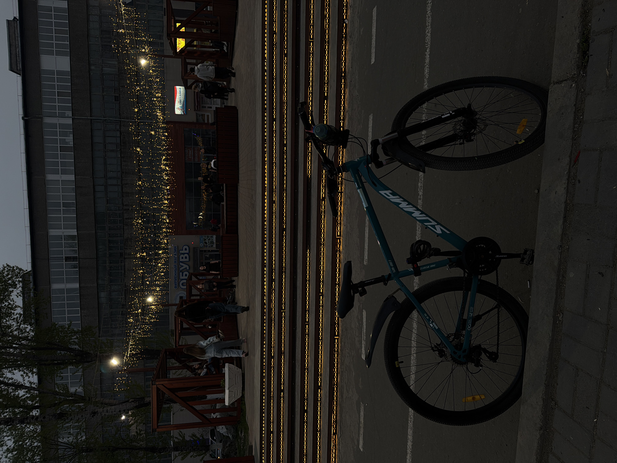 The image shows a bicycle next to a sidewalk at an urban street in Birobidzhan, Russia. A building of a multi-story building can be seen in the background, adorned with strings of light and signs, including one reading "ОБУВЬ" (shoes) and "САНТЕХНИКИ" (sanitary ware). There are people visible walking on the sidewalk and within the structure next to the building. The bicycle is teal and black and is parked against the edge of the sidewalk. Vertical rows of light bars run along the street.
