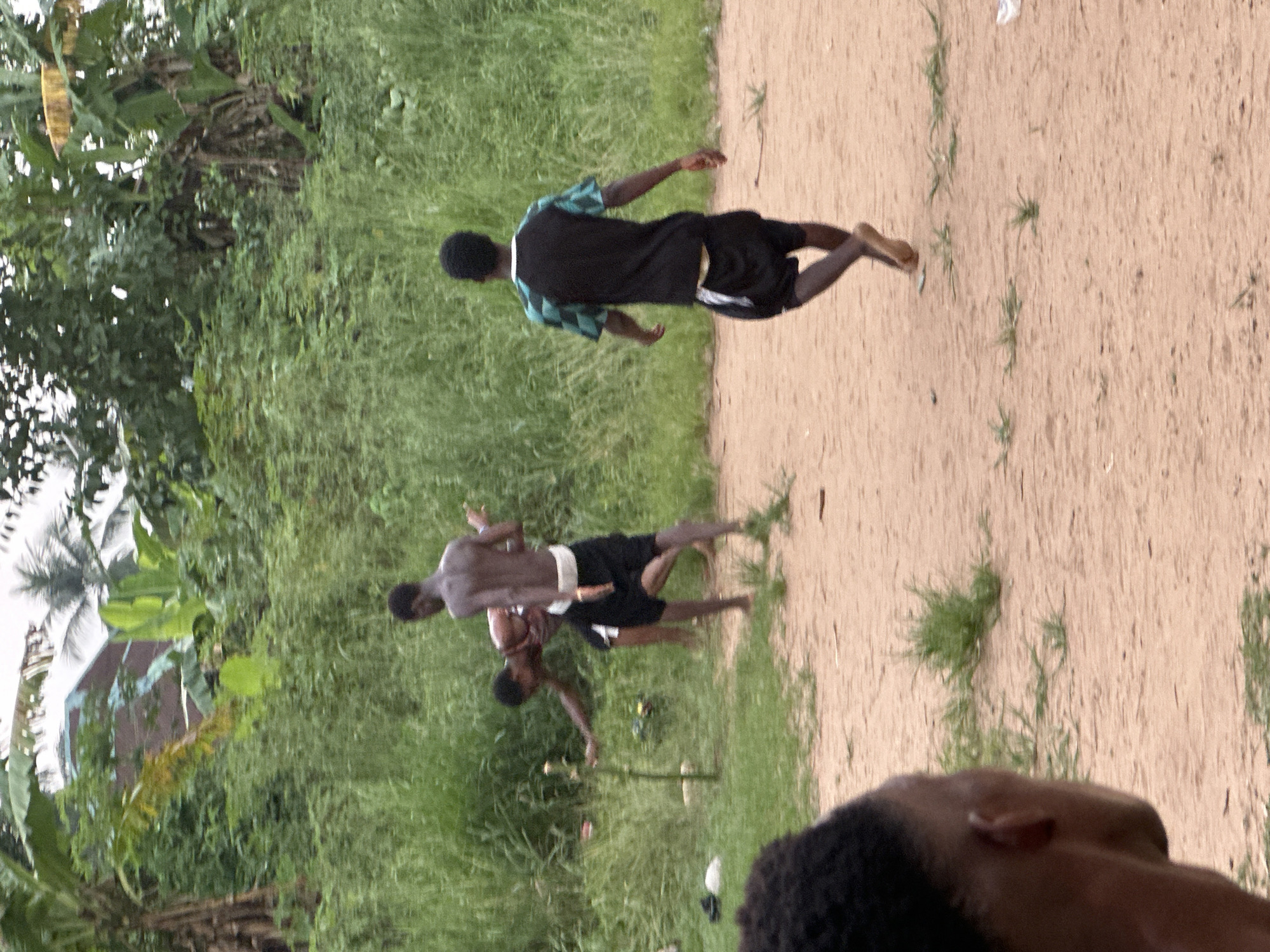 The image shows a scene in Ikot Ekpene, Nigeria, with three individuals engaged in what appears to be wrestling or grappling near a grassy area adjacent to a dirt path. One man, wearing a black and green patterned shirt with black shorts, is running along the dirt path. Closer to the foreground and off the path, two shirtless men in black shorts are locked in a physical struggle. The background includes lush greenery, with palm trees and buildings visible in the distance. A portion of another person's head and shoulder is visible in the lower right corner of the image.