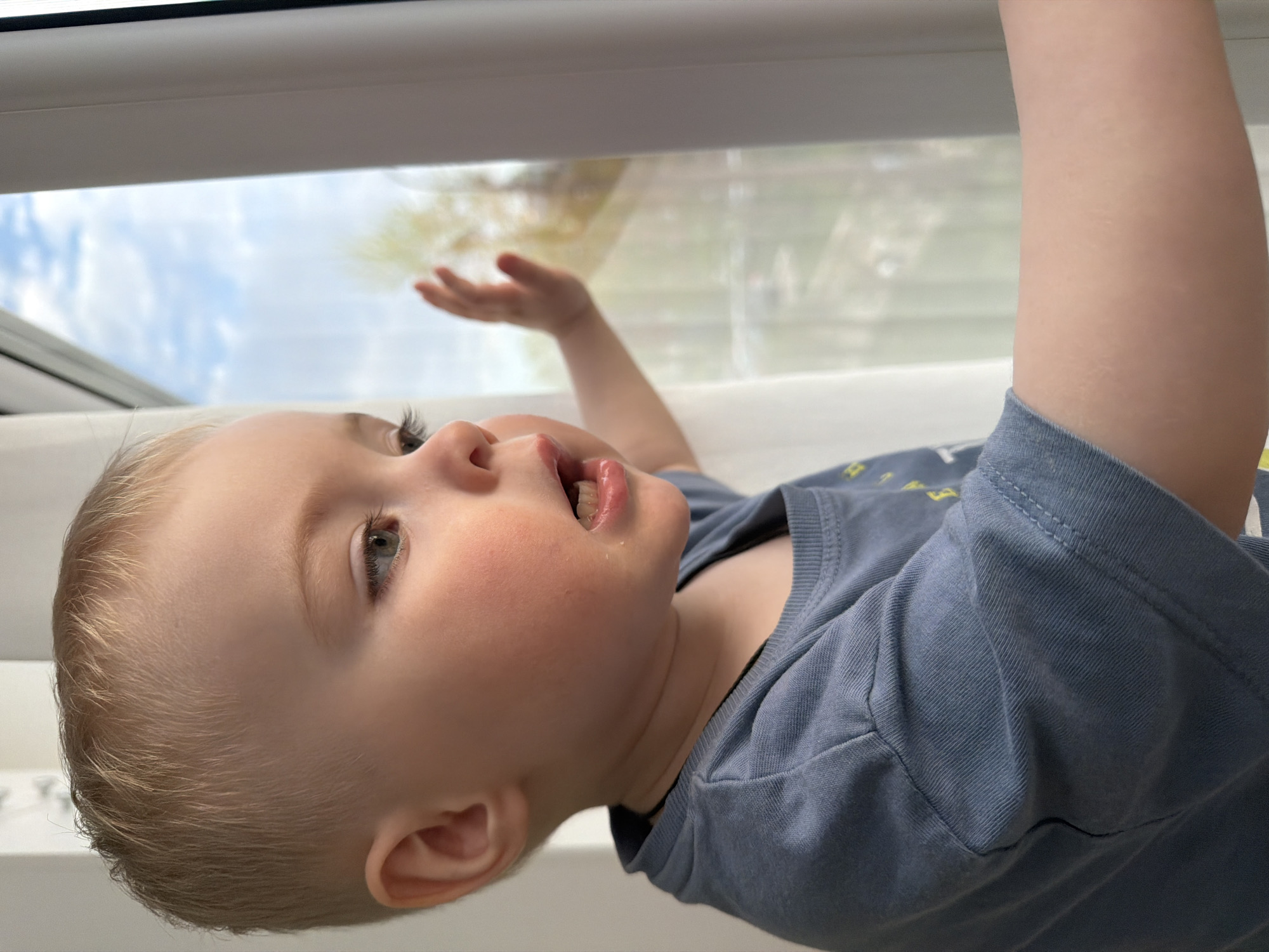 A close-up shot presents a light-skinned toddler, with fair hair, wearing a blue short-sleeved shirt, looking upwards with an open mouth. One of the child's arms is raised towards a window, through which a sky with clouds and some foliage is visible. The setting appears to be indoors, beside a window. There is no information in the image to determine if the photograph was taken in the city of Votkinsk, Russia.