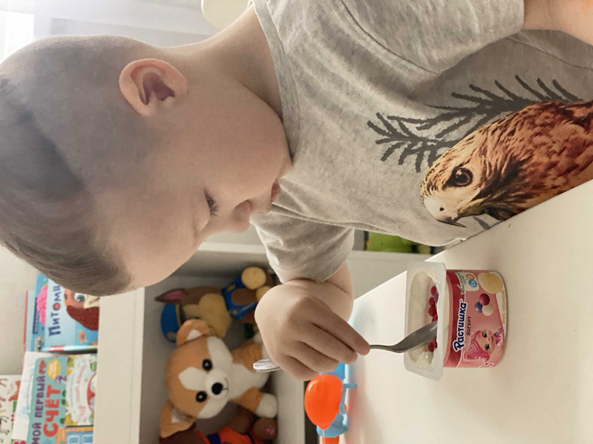 A young child is eating a yogurt with a spoon. The yogurt container is labeled "Растишка Йогурт" (Rastishka Yogurt) in Russian. The child is wearing a grey shirt with a bird printed on it. Books and stuffed animals are visible on the shelf behind the child. The image was likely taken indoors in a home in Sochi, Russia.