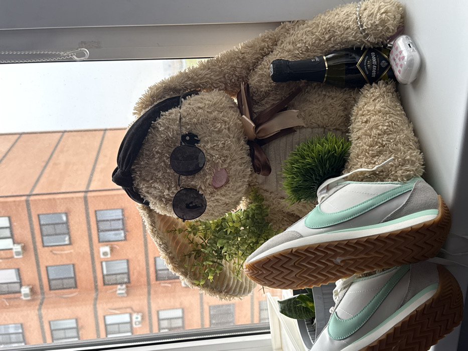 A large, light brown plush bunny wearing a black knot headband and dark round sunglasses sits on a white windowsill. A brown and beige ribbon is tied around its neck. Two light gray sneakers with mint green swooshes and tan gum soles are positioned in front of the bunny with their soles facing upwards. A small artificial green plant is located behind the bunny's head, and another small, spiky artificial green plant rests in front of its body. To the bunny's right, a dark green bottle, resembling sparkling wine, with a black foil top and a label displaying Cyrillic text "АБРАУ ДЮРСО" stands upright. Next to the bottle is a clear wireless earbud case decorated with small pink hearts. Further to the left on the windowsill, a snake plant in a gray pot is visible. The window overlooks a multi-story brick building with numerous rectangular windows and external air conditioning units. The sky appears overcast. The location is an interior windowsill in Unknown, Unknown.