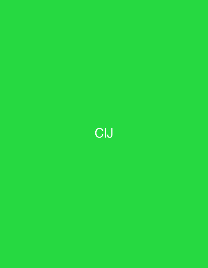The image displays a solid, vibrant green background. Centered horizontally and slightly above the vertical midpoint, the white capital letters "CIJ" are displayed in a clean, sans-serif font. There are no individuals, objects, or discernible actions depicted within the frame. The environment is abstract and entirely digital, offering no specific visual cues or architectural details to identify a physical location. However, this digital representation is contextually placed within the city of Casablanca, Morocco.