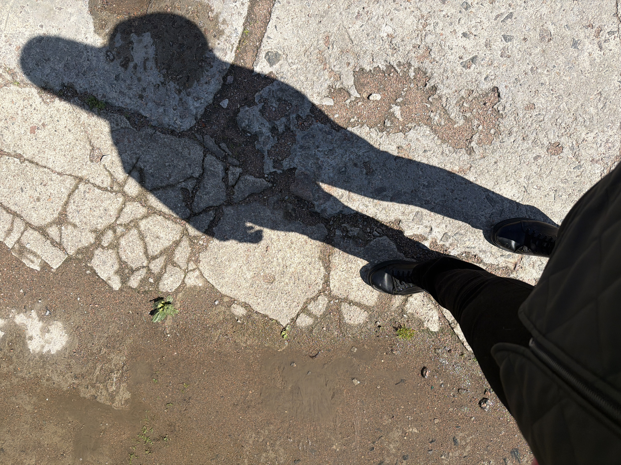The image is a top-down view taken outdoors on a sunny day. The scene depicts a concrete sidewalk with cracks and repairs, partially covered in damp soil and a small puddle. A shadow of a person is cast on the sidewalk, extending from the upper left of the frame. A pair of black shoes, black pants and a dark jacket are visible on the right side of the image, presumably belonging to the person casting the shadow. A small green plant grows near the edge of the sidewalk.
The location is likely a sidewalk or paved area in Saint Petersburg, Russia.