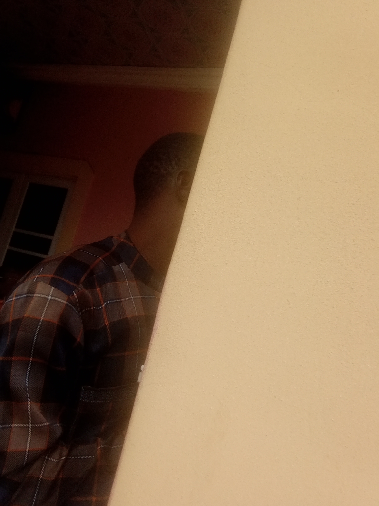 The media file features a close-up, off-center shot of a person seen from the side, with their back mostly to the camera. The individual is wearing a dark, plaid shirt with thin red and white lines forming a checkered pattern. A portion of the shirt's pocket area is visible on the left side of the frame. The person's head is turned away, showing the profile of their head and the back of their neck. Their hair appears short.
The background is divided into two distinct areas. On the left, a dimly lit interior space is visible, featuring a pink wall and a window with dark panes and a white frame. Above this area, the ceiling appears textured and dark. To the right, a large, textured surface dominates the frame. This surface is a pale, light yellow or beige color and appears to be a wall or pillar. The light is soft, suggesting it might be evening or an indoor setting with artificial lighting.
The scene is static, with no overt activity taking place. The lighting creates a sense of depth, with the darker interior contrasting with the brightly lit, textured surface. There is no visible text in the media file. The overall impression is one of a casual, possibly domestic or semi-private setting in Jalingo, Nigeria.