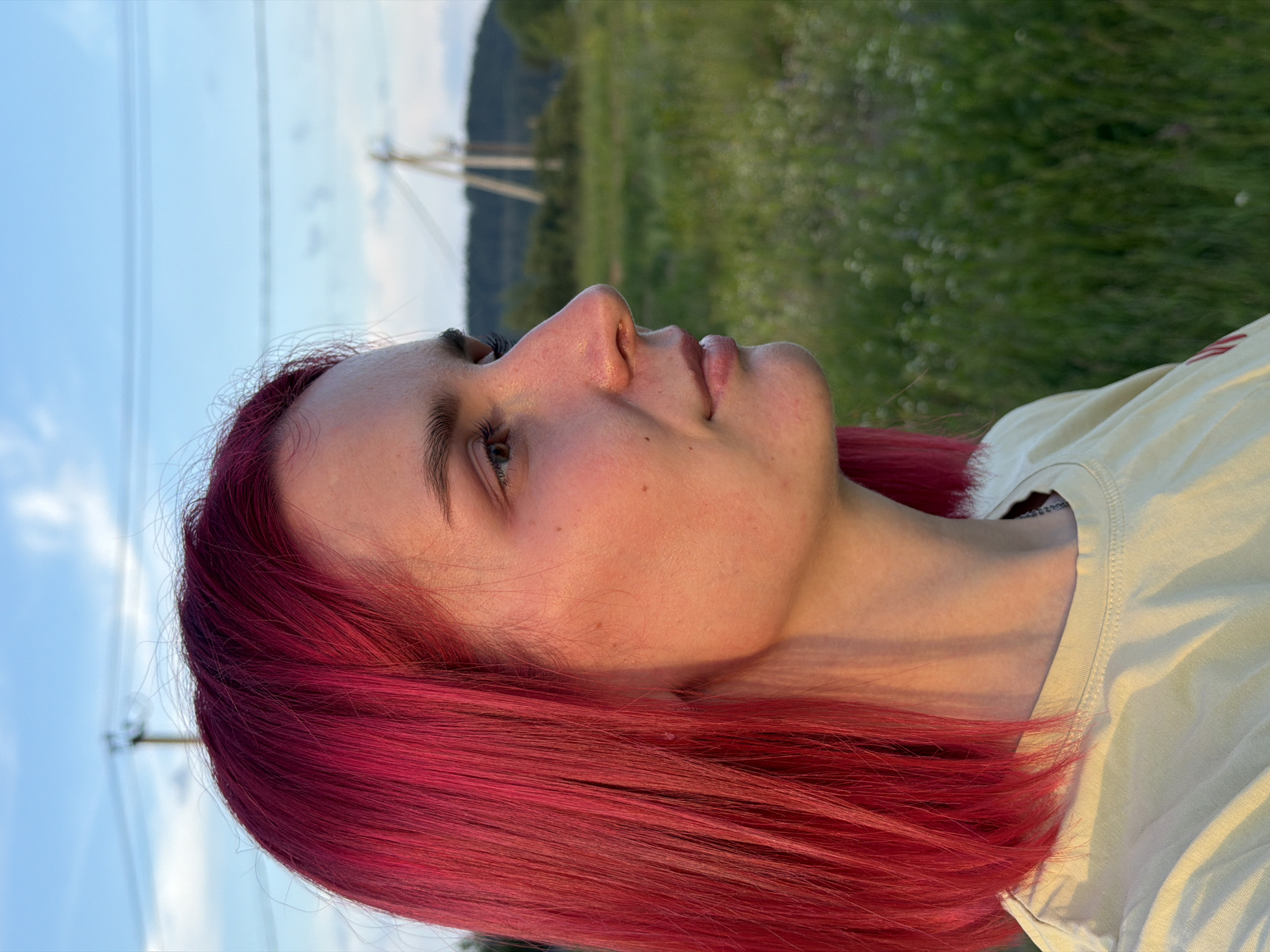 A young woman with vibrant pink hair is pictured in a profile view against a softly lit, grassy field. The setting sun casts a warm glow on her face and the light yellow t-shirt she is wearing. In the background, a blurred landscape with trees and what appear to be power lines can be seen. The sky above is a gentle blue with hints of clouds. The image captures a moment of natural beauty with the subject and the environment harmoniously blended. The woman appears relaxed and contemplative, her gaze directed towards the distance. The overall impression is one of tranquility and understated elegance.