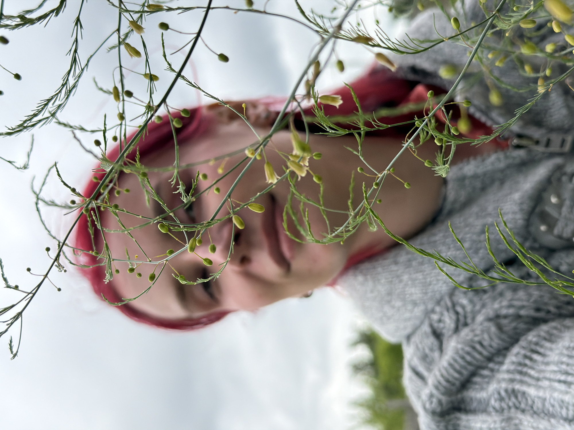 The image presents a rotated, low-angle perspective of a person with vivid pink or red hair, partially obscured by delicate green foliage in the foreground. The person's face, largely out of focus, is positioned towards the right side of the frame, with their head angled as if looking upwards and slightly to the right, creating a sense of being viewed from below or through an unusual vantage point.
The primary subject is a person, likely female, whose features are softly blurred. A portion of their right eye is visible through the leaves, along with gently parted lips. Their bright hair stands out against the muted tones of their clothing and the background. They are wearing a textured, grey knitted garment, possibly a sweater or hoodie, featuring a prominent cable knit pattern visible on the right side of the frame.
Dominating the foreground are fine, wispy green plant stems adorned with numerous small, light yellow-green buds and tiny flowers. These are sharply in focus, creating a natural, leafy screen that adds depth and an artistic quality to the portrait.
The background is a bright, overcast sky, suggesting daylight conditions, with faint hints of blurred green foliage or distant trees on the lower left, indicating an outdoor setting. The lighting is soft and diffused, creating gentle shadows and highlights. No specific activity is taking place beyond the pose itself, which appears contemplative or serene. There is no visible text in the image. The location is Chaikovsky, Russia.