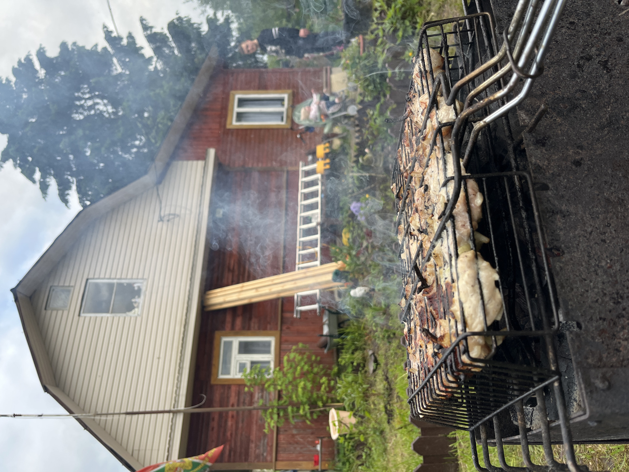 The image depicts a barbecue scene likely taken in the town of Мшинская, Russia. In the foreground, a barbecue grill holds grilling fish or meat. Smoke rises from the grill. Behind the barbecue is a wooden house with a combination of dark red and light yellow siding. A ladder is propped up against the house. Wooden planks are visible. In the background, there is foliage and possible human figures that are out of focus.