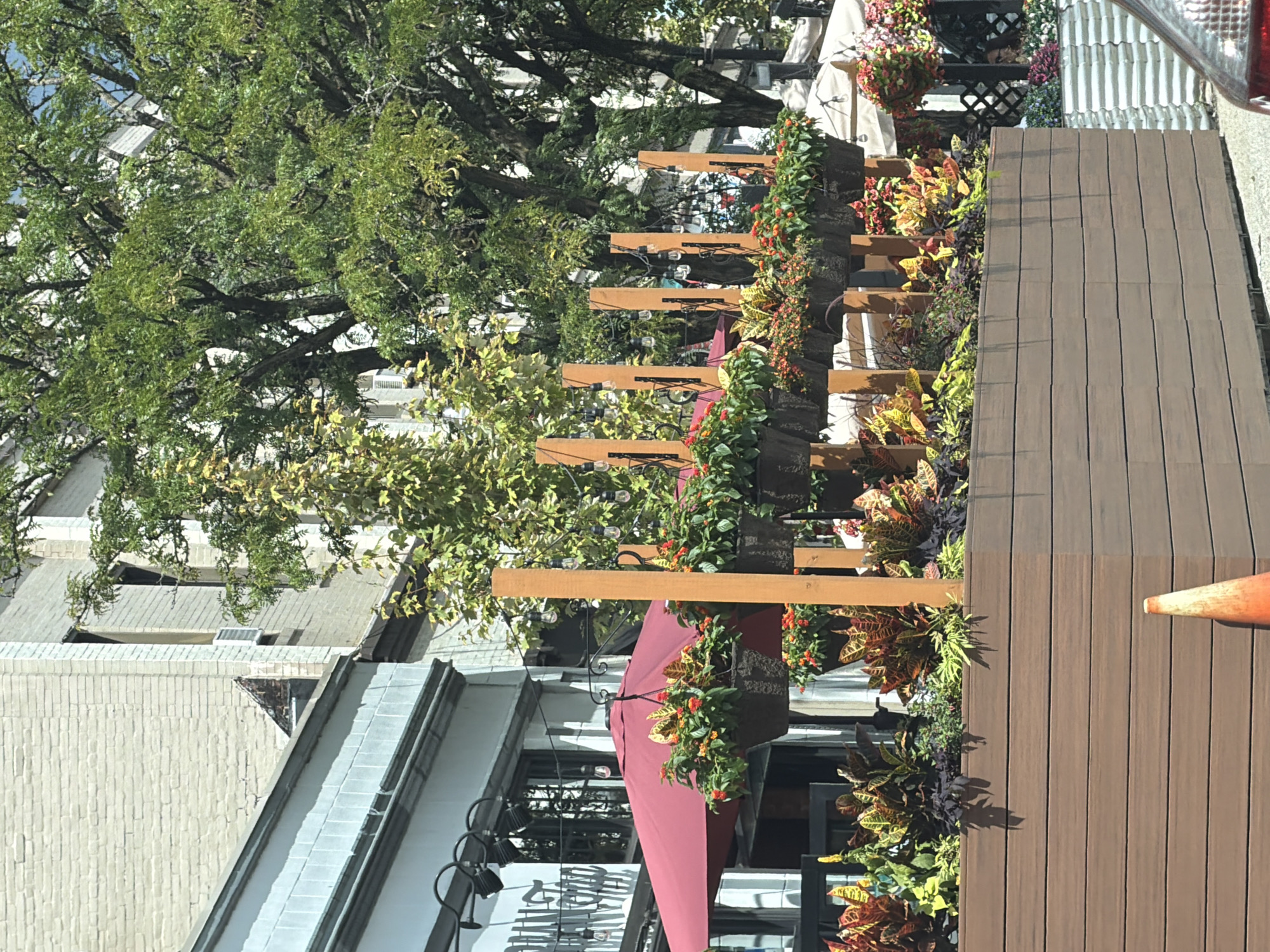 The image captures an outdoor seating area for a restaurant or cafe, likely in a bustling urban environment like the city of Pittsburgh, United States of America. The scene is dominated by a large, wooden planter box filled with a variety of colorful plants, including Croton plants with their vibrant red, yellow, and green foliage, and smaller flowering plants with red and orange blooms. Above the planter box, several hanging baskets overflow with similar floral arrangements.
A large, deep red umbrella is partially visible, suggesting outdoor dining or shade provision. In the background, the facade of a building with white brickwork and windows is visible, along with mature trees providing natural shade and a leafy canopy. String lights are suspended between wooden posts, indicating a potentially pleasant evening ambiance. A bright orange traffic cone is positioned on the ground in the foreground. The overall impression is one of a well-maintained and inviting outdoor space, typical of a city sidewalk cafe or restaurant extension.