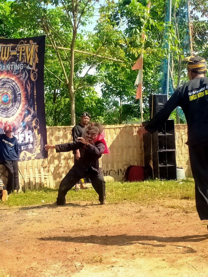 An outdoor cultural performance is captured in Plosorejo, Indonesia, under bright daylight. In the foreground, a performer in black attire, a brown, fanged mask, and a red scarf is in a low, wide-legged stance with arms extended forward. To the right, another male individual, seen from behind, wears a black long-sleeved shirt with yellow text "KESENIAN RE... SINGO KRIDO BUC..." and a patterned headwrap, with his left arm extended towards the central performer. Two other men observe from the left background: one in a blue shirt and red cap, the other in a black shirt and headwrap. Behind the performers, a light-colored woven bamboo fence spans the mid-ground. A tall, black banner with white and gold text, including "PW-TM" and "PSHT.RANTING.KERJO", is positioned on the far left. To the right, two black PA speakers are stacked vertically beside the fence, with a pole featuring orange and white triangular flags visible behind them. The ground consists of reddish-brown dirt with patches of green grass, and lush green trees form the dense background foliage.