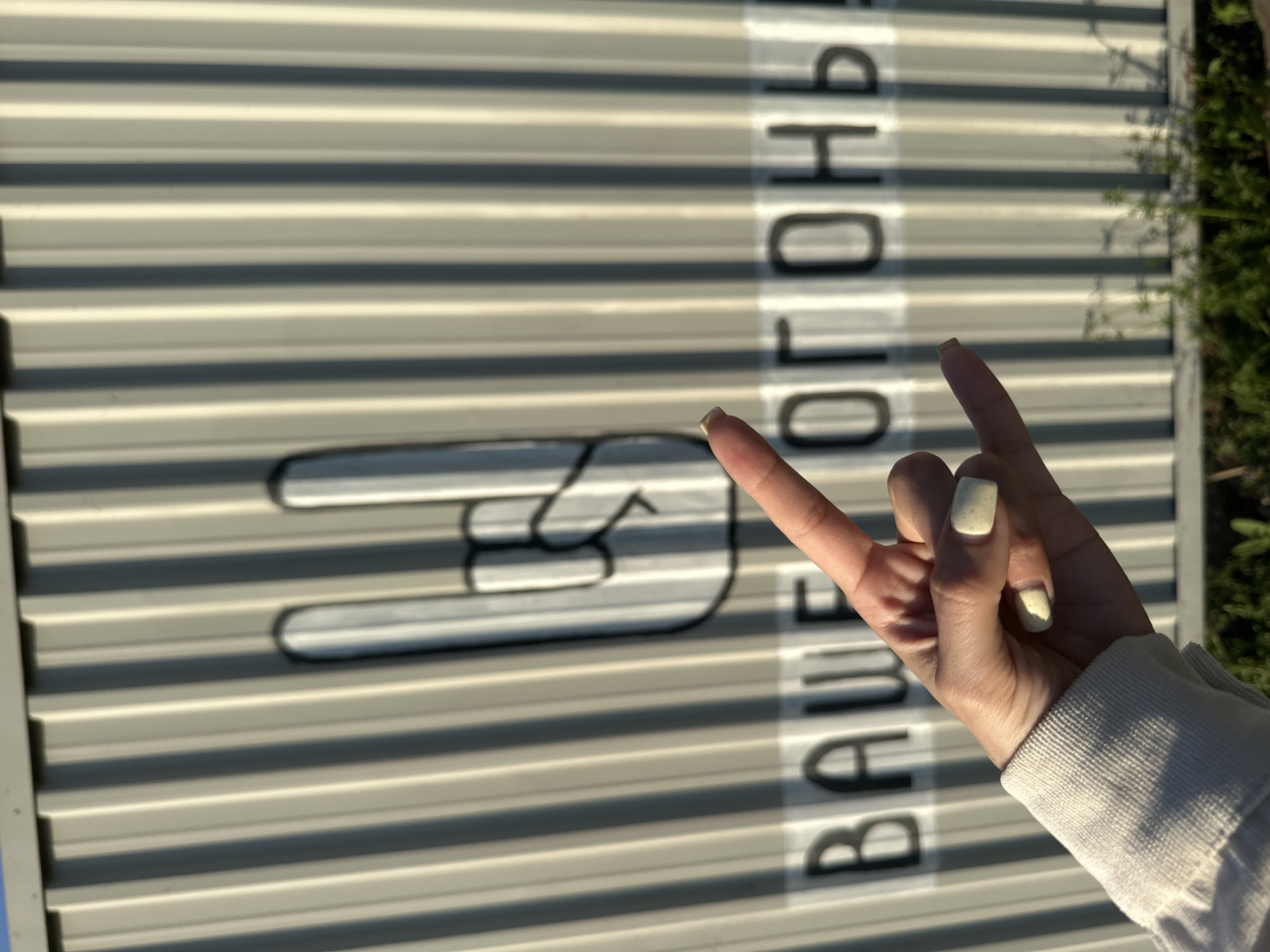 The image shows a hand making a rock-on gesture in front of a metal fence with horizontal slats. Painted on the fence are a similar rock-on hand gesture and the word "ВАШЕГОРОД" (VASHEGOROD), which translates to "Your City." This appears to be a reference to the city of Izhevsk, Russia. The background shows some green foliage. The sky is visible in the lower left.