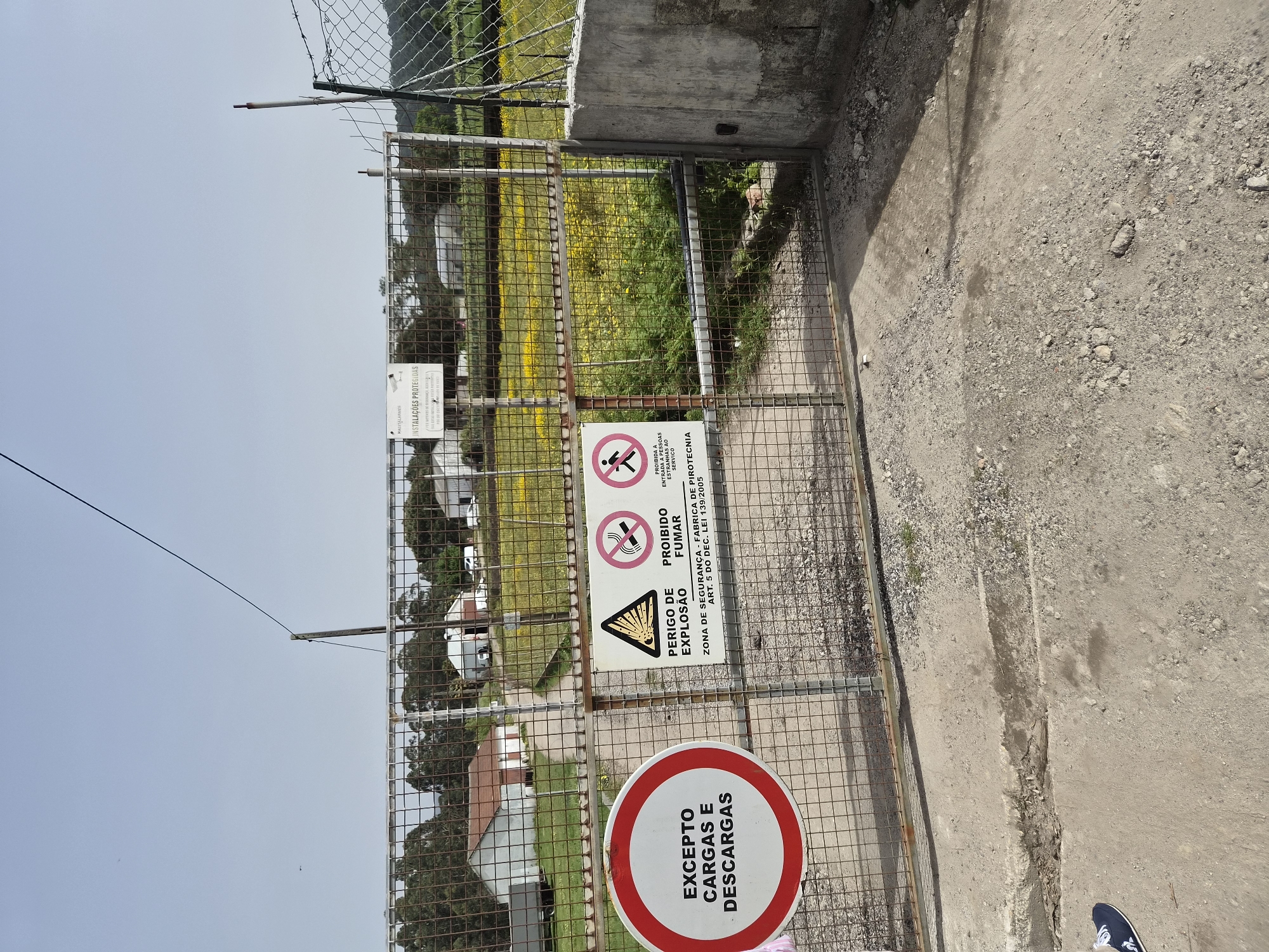 The image captures a fenced entrance in Esposende, Portugal. The gate is constructed of metal mesh. Several warning signs are affixed to the gate in Portuguese. One sign reads "EXCEPTO CARGAS E DESCARGAS" in a red circle, indicating exceptions for loading and unloading. Another sign warns of the "PERIGO DE EXPLOSÃO" (explosion danger) and prohibits smoking ("PROIBIDO FUMAR"). A third sign states "PROIBIDA A ENTRADA A PESSOAS ESTRANHAS AO SERVICO," prohibiting entry to unauthorized personnel. This sign also identifies the location as a "ZONA DE SEGURANÇA - FABRICA DE PIROTECNIA," a security zone for a pyrotechnics factory, referencing Article 5 of Decree Law 139/2005.
Through the gate, yellow flowers and green vegetation are visible. Buildings can be seen in the background. Wire fencing extends beyond the gate. To the right of the gate is a concrete structure, and the ground appears to be a mix of concrete and gravel. A small portion of a blue shoe is visible in the bottom right corner.