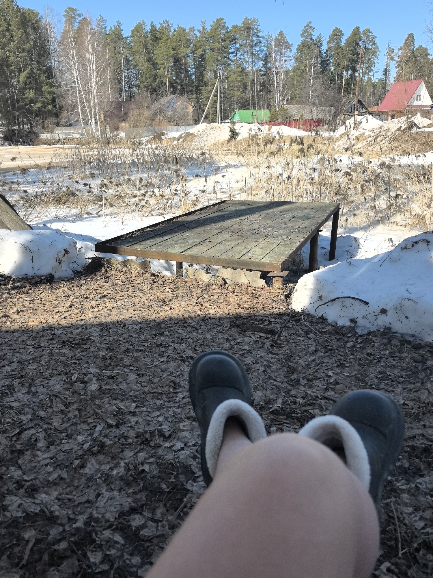 The photograph is taken at ground level from a first-person perspective. The foreground features a pair of black, low-cut boots with a white interior lining, appearing to be worn by the photographer. A bare knee is visible between the boots. The ground is covered in brown leaves.
In the midground is a wooden platform or dock, supported by metal legs. It is surrounded by snow-covered patches and brown foliage. Beyond the platform, there is a snow-covered landscape with dry reeds or grasses.
In the background, several houses are visible, with red and green roofs. Behind the houses is a dense forest of coniferous and birch trees under a clear blue sky.
The location is Noviy, Russia. The presence of snow suggests a cold climate and a likely spring season, with some remaining snow from winter.