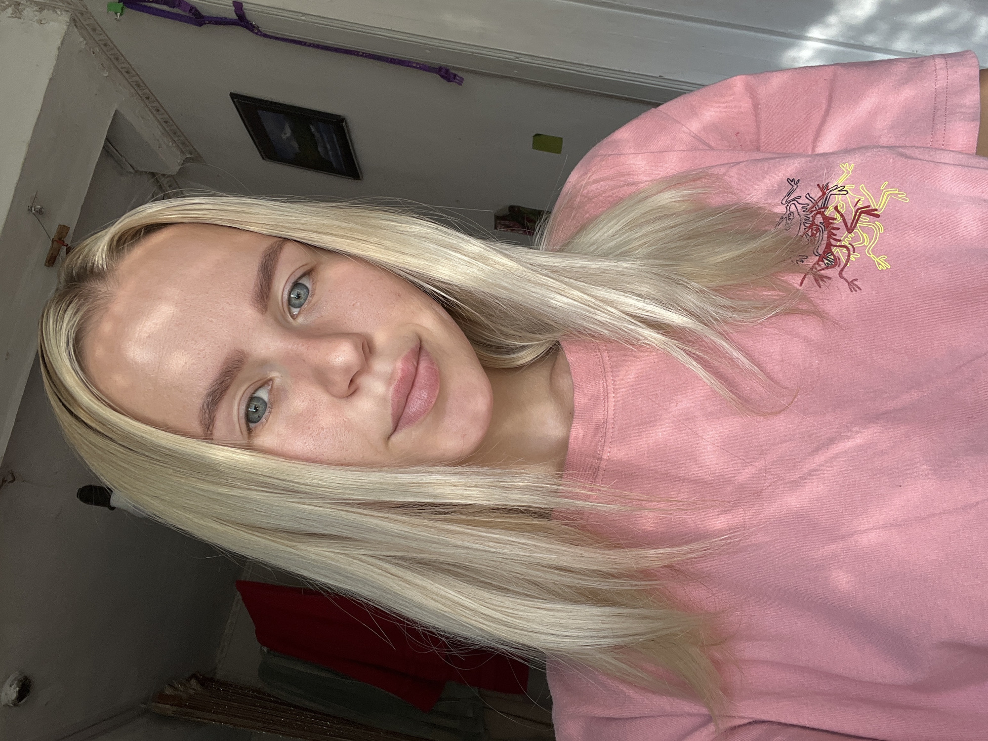 A young Caucasian woman with long, straight blonde hair and blue eyes is depicted in a medium close-up shot. She is wearing a pink t-shirt with an embroidered design of red and yellow figures on the left side of her chest. The woman is looking directly at the camera with a neutral expression. The background appears to be an indoor setting, possibly a room with a window casting shadows and light across the scene. There are hints of a doorway, a framed picture on the wall, and some hanging objects. The overall lighting suggests a natural light source from the side.