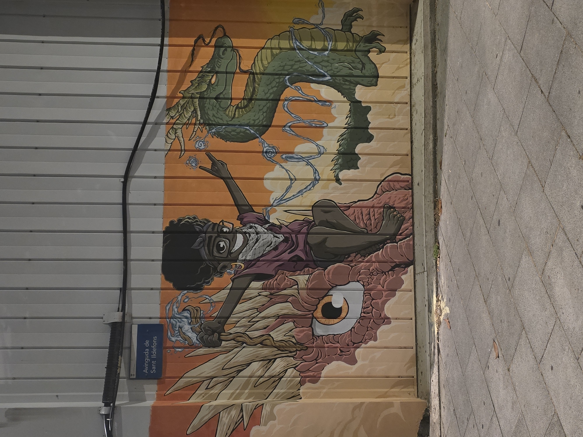 A colorful mural covers the lower section of a corrugated metal wall on Avinguda de Sant Ildefons in Cornellà de Llobregat, Spain. The upper portion of the wall is grey, while the lower section is painted with an orange and yellow gradient background, featuring white cloud-like elements. A blue street sign, approximately centered in the upper left quadrant of the mural, displays "Avinguda de Sant Ildefons" in white text. Two thick black electrical cables run horizontally across the grey wall, with a smaller vertical cable connecting them near the center.
The mural depicts a dark-skinned individual with an afro, wearing glasses, a patterned bandanna, a grey scarf, and a purple shirt. They are seated, facing left, upon the head of a large, scaled, pink and red dragon that features a prominent orange and white eye. The person holds a gnarled staff in their left hand, from which blue swirling energy emanates upwards. Their right hand is extended towards the right, mirroring the blue swirling energy that flows from it towards a green, serpent-like dragon positioned to the right. This green dragon has visible scales, horns, and small wings, and is also entwined with the blue swirling energy, appearing to interact with the person's gesture.
The ground in the foreground consists of a grey paved sidewalk composed of rectangular blocks, separated from the wall by a low curb. Scattered dry leaves and a patch of yellow particulate matter are visible on the sidewalk near the base of the wall. The scene is illuminated, suggesting an artificial light source, casting faint shadows.