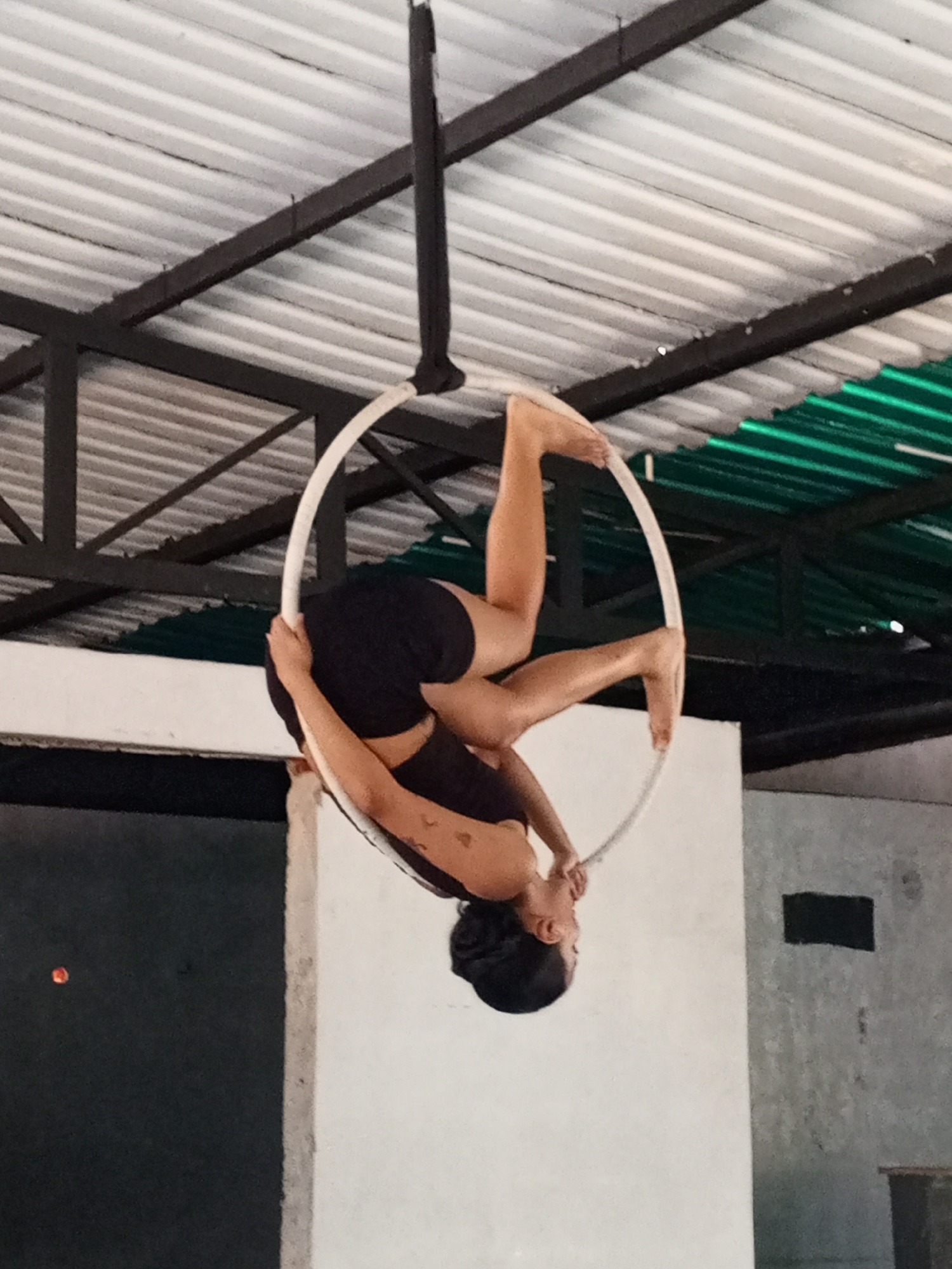 The image displays a female aerialist performing an inversion on a suspended aerial hoop (lyra). The subject, an adult woman, is positioned upside down, with her head pointing towards the bottom of the frame and her legs extended upwards, hooked around the hoop. She is wearing black athletic shorts and a matching black tank top, with her dark hair pulled back. Her bare feet are visible, and light-colored markings or tattoos can be seen on her right arm and shoulder. Her hands are gripping the white-colored hoop, maintaining her balance and pose.
The setting is an indoor or semi-outdoor space, likely an athletic studio or training facility. Overhead, a robust structure of dark metal beams supports a corrugated roof. The roof is predominantly composed of light grey or white corrugated metal, with a distinct section of bright green corrugated material visible towards the upper right of the frame. The aerial hoop itself is suspended from a thick black strap that is attached to these overhead beams. The background consists of light-colored walls, primarily white, with darker sections appearing on the right and lower parts of the image. The lighting is bright and even, suggesting a well-lit environment, possibly during daytime. There is no visible text in the image. The scene captures a moment of athletic skill and controlled movement within an aerial performance, set in Porlamar, Venezuela.