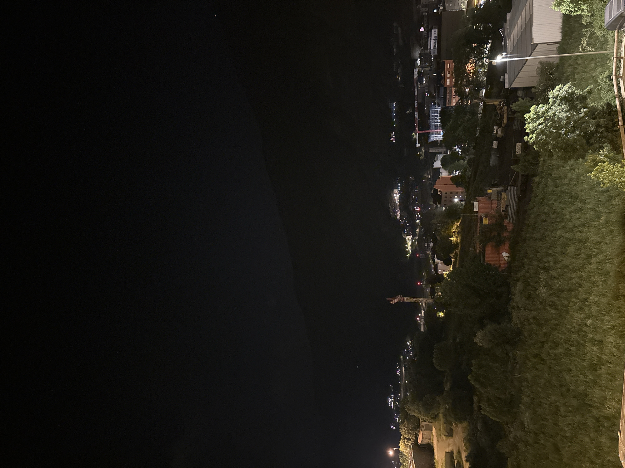 This media file presents a night view of a town, likely situated in a valley, consistent with the provided location of Encamp, Andorra. The image is oriented vertically (portrait), but depicts a landscape scene that would be horizontal if rotated 90 degrees counter-clockwise.
The scene is dominated by darkness, indicating it was captured at night. On the right side of the image (or lower part if rotated), a settlement spreads across the terrain, characterized by numerous artificial lights from buildings, streetlights, and what appear to be roads. Various structures, including residential and possibly commercial buildings, are visible, many with illuminated windows or facades. Lush green vegetation, including trees and what appears to be a grassy hillside or forested area, frames the foreground and intersperses throughout the built environment.
A prominent feature within the illuminated section is a large construction crane, distinguishable by its characteristic structure and lighting. Its presence suggests ongoing development in the area. Further into the distance, more scattered lights hint at the town extending deeper into the valley or up the slopes.
The left side of the image (or upper part if rotated) is almost entirely dark, appearing as a vast, dark expanse. This could represent a steep, unlit mountain face, a large body of water, or a very dark night sky blending seamlessly with distant, unlit terrain. A few very faint, tiny specks of light are barely discernible in this dark area, possibly distant lights or stars.
There are no visible people or discernible text within the image. The overall impression is one of a quiet, illuminated town nestled within a dark, expansive natural landscape at night. The weather appears clear, with no signs of fog or precipitation.