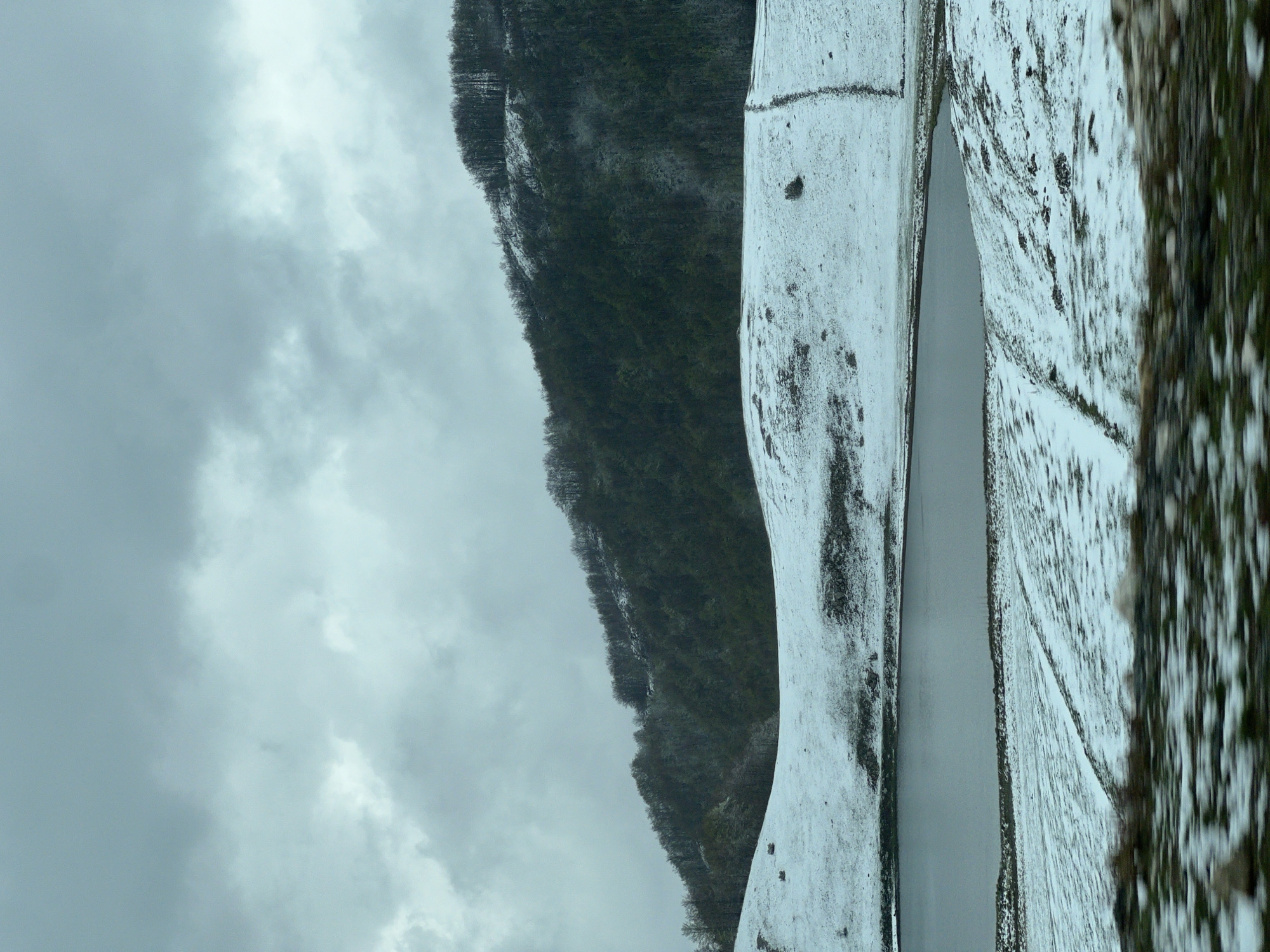 The image captures a serene winter landscape in Pašina voda, Montenegro. On the left side of the frame, a steep mountain slope is densely covered with a dark green forest, stretching upwards under an overcast sky. The sky itself is filled with thick, grey clouds, which dominate the upper and left portions of the image, casting a subdued and cool light over the entire scene.
In the foreground and extending towards the mid-ground on the right, a calm, grey body of water, likely a river or a narrow lake, flows. Its banks and the immediate foreground are blanketed in fresh snow, creating a stark contrast with the dark tones of the forest and the muted grey of the water. Some darker patches are visible through the snow, particularly on the banks, suggesting exposed ground or areas where snow has melted.
No human subjects or activities are depicted, emphasizing the natural tranquility of the mountainous environment. The weather appears cold and cloudy, typical of a winter day with recent snowfall. The color palette is dominated by cool tones: deep greens of the evergreen forest, whites and greys of the snow and clouds, and a flat, tranquil grey for the water. No visible text is present in the media file.