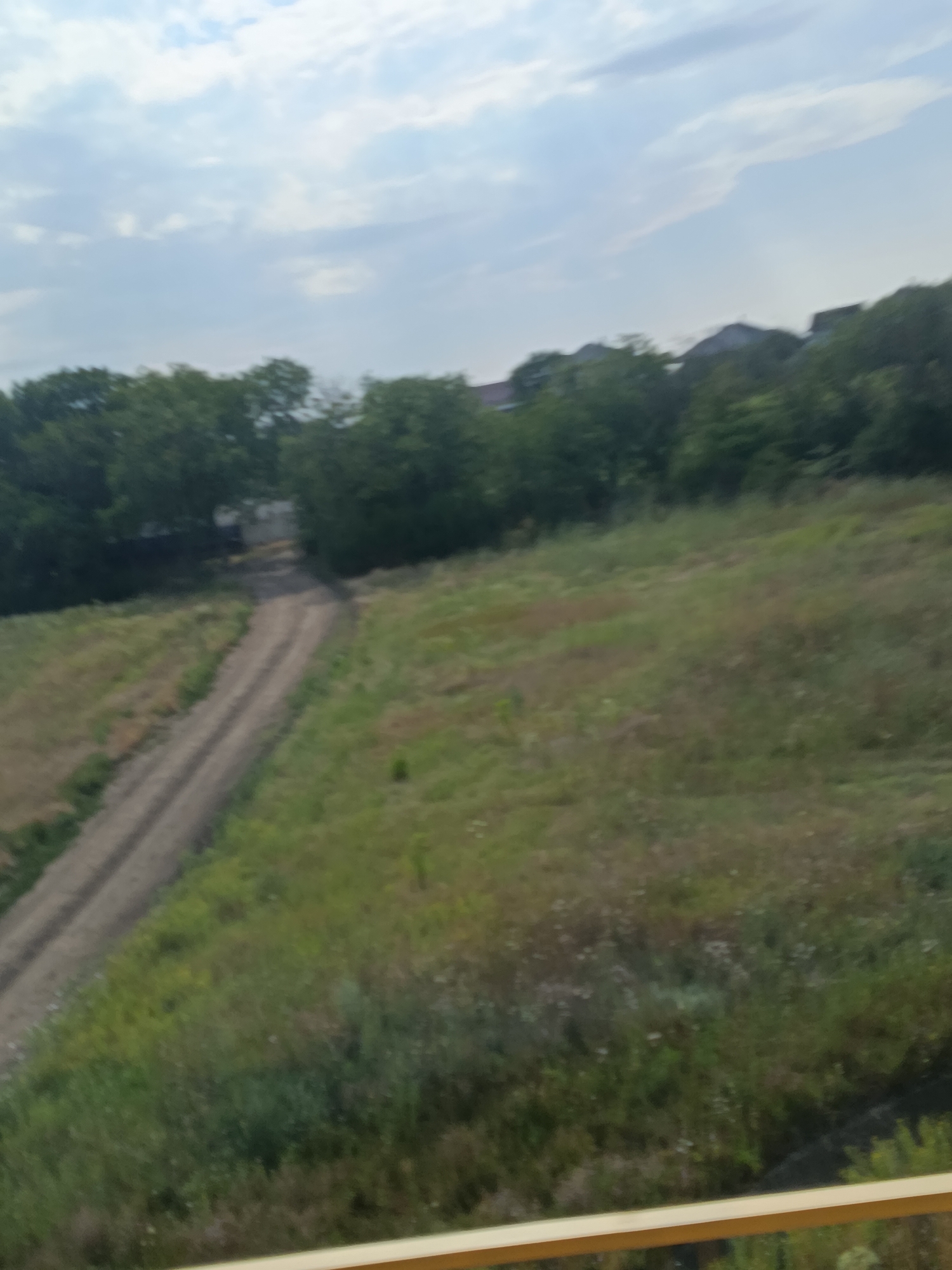The image depicts an outdoor scene in Razeni, Moldova, featuring a dusty dirt road winding through a grassy hillside under a cloudy sky. In the background, a line of trees separates the hillside from a cluster of houses with prominent rooflines. The foreground shows a railing made of light-colored wood. The overall impression is one of a rural or semi-rural residential area on a partly cloudy day.