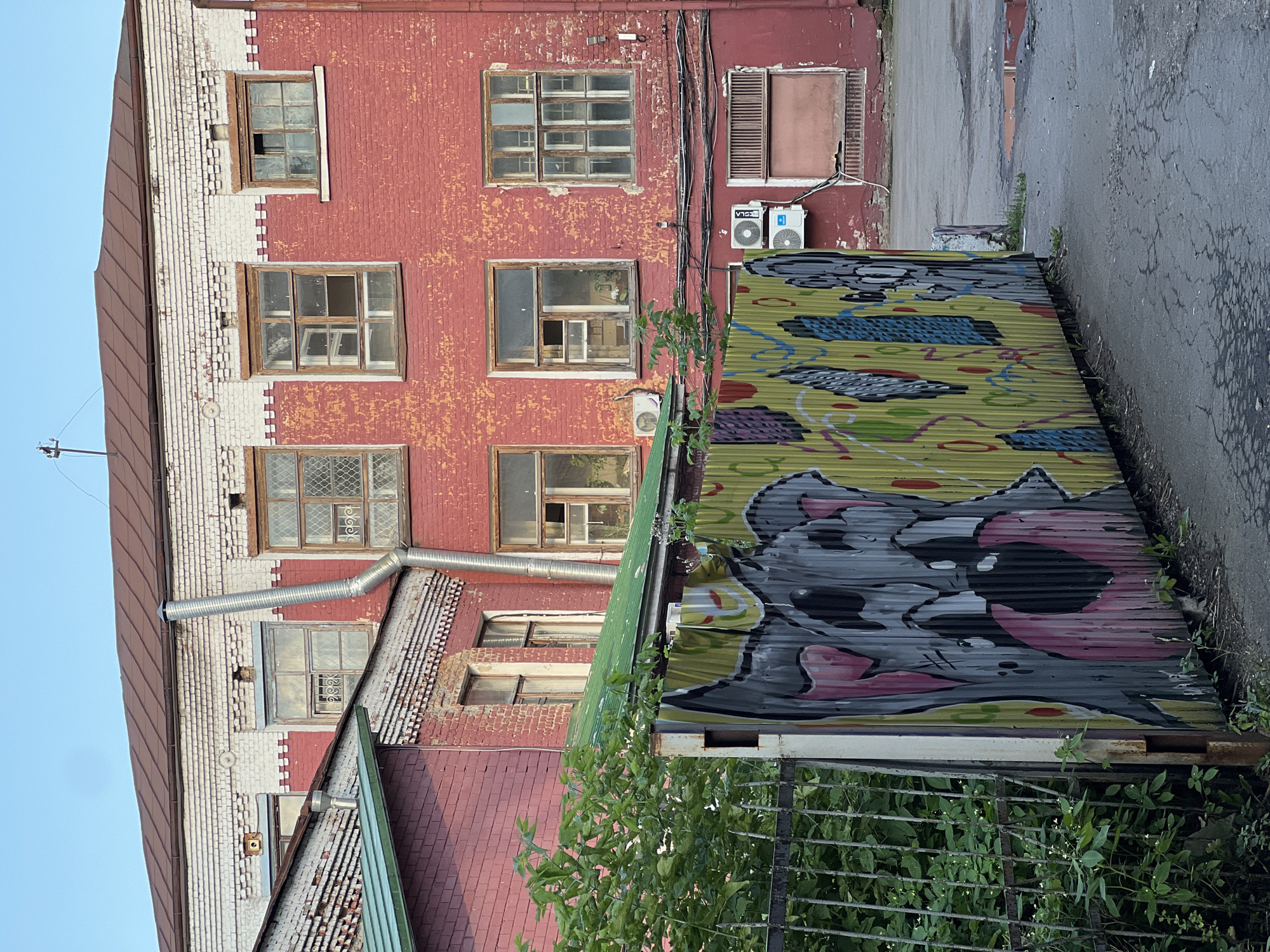 The image shows the exterior of an old, multi-story brick building, painted in a faded red color with white trim around the windows and at the top of the walls. The building appears to be in a state of disrepair, with peeling paint and some broken window panes. A corrugated metal fence covered in colorful graffiti, featuring cartoonish characters and abstract designs, is in the foreground. To the left of the fence is a section of a lower, pink brick building with a green corrugated metal roof and some overgrown greenery. A metal fence with vertical bars is also visible to the left of the graffiti-covered fence, partially obscured by the foliage. Two outdoor air conditioning units are mounted on the red brick wall of the main building. The ground is asphalt with some puddles of water, indicating it may have recently rained. The sky is a pale blue, suggesting it is either early morning or late evening. The location is identified as the city of Balashikha, Russia.