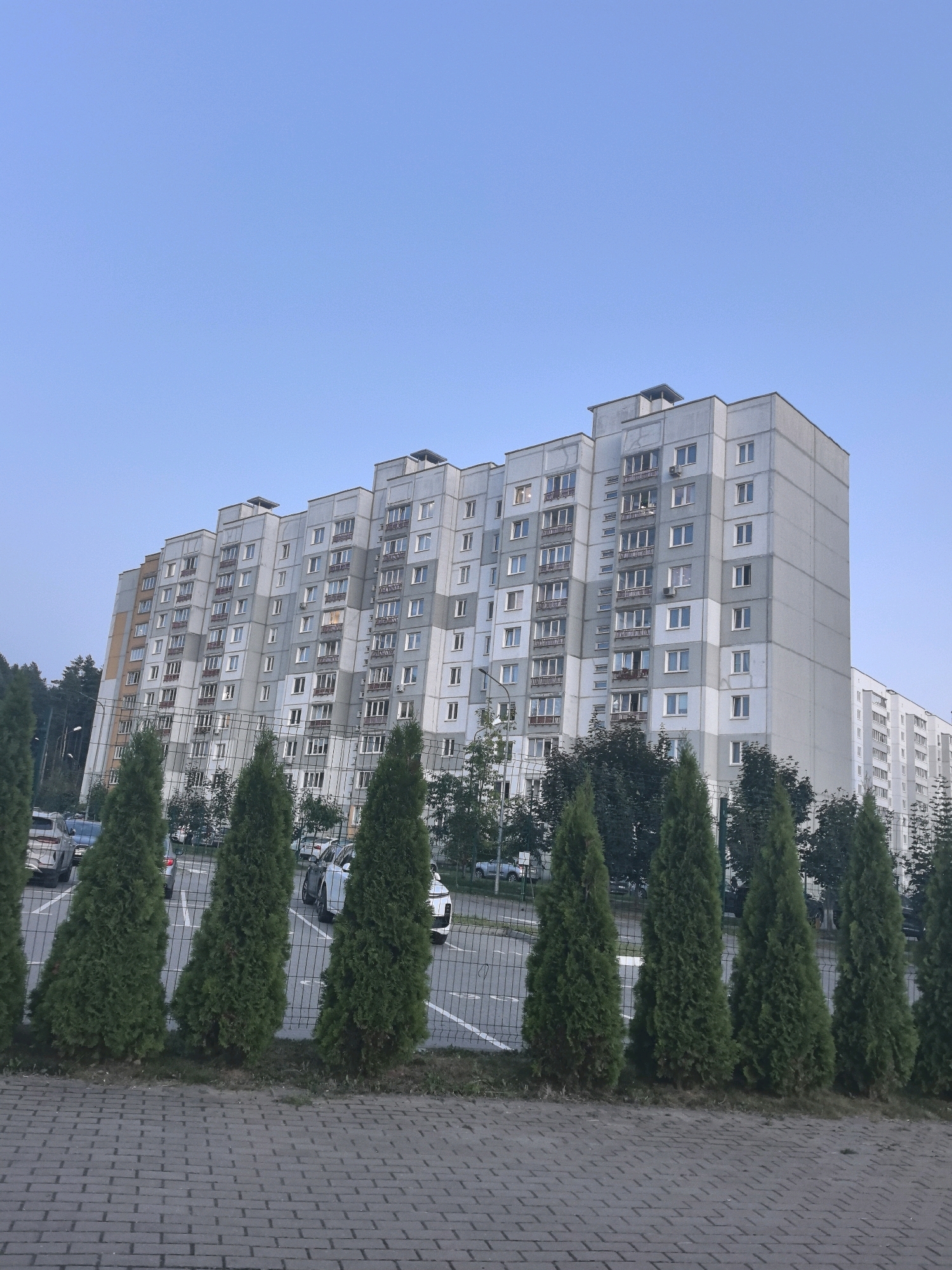 The image shows a large, multi-story apartment building with a stepped facade, typical of Soviet-era architecture, under a clear, pale blue sky. The building is painted in shades of light gray and white, with numerous windows and balconies. In the foreground, a row of manicured evergreen trees stands behind a wire fence. Beyond the trees, a parking lot with several cars is visible, with a street running alongside it. Another, similar apartment building can be seen in the distance. The ground in the very foreground is paved with gray rectangular bricks. The overall impression is that of a residential area in a Belarusian city or town.