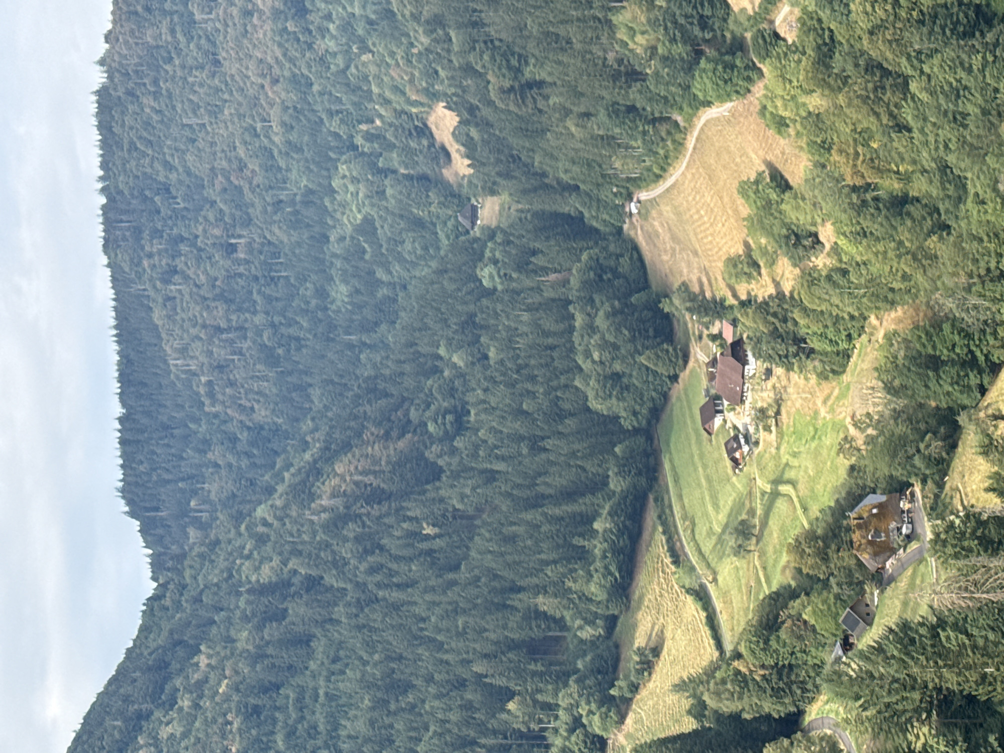 This is a high-angle, vertical shot of a rural mountainous landscape in Simonswald, Germany. The scene is dominated by dense green coniferous forests covering the steep slopes of the valley. A narrow, winding road can be seen cutting through the landscape, with a few small buildings scattered amongst the trees and clearings.
In the foreground, on the left side of the image, is a cluster of buildings. One building, in the lower left, appears to be a house with a thatched roof. Adjacent to it is a smaller, dark-colored shed or outbuilding. Further up the slope and to the right, another group of buildings are visible, including what looks like a larger white house with a red roof.
Mid-ground, a dry, golden-colored field slopes down towards a patch of green grass. A white vehicle is parked on a dirt track that winds through this area. Further up the valley, another isolated building with a dark roof is nestled on a hillside surrounded by trees.
The background is a vast expanse of forest stretching across the mountain ridges, with a pale, overcast sky above. The overall impression is one of a secluded and peaceful rural setting, characteristic of the Black Forest region. There are no people visible in the image.