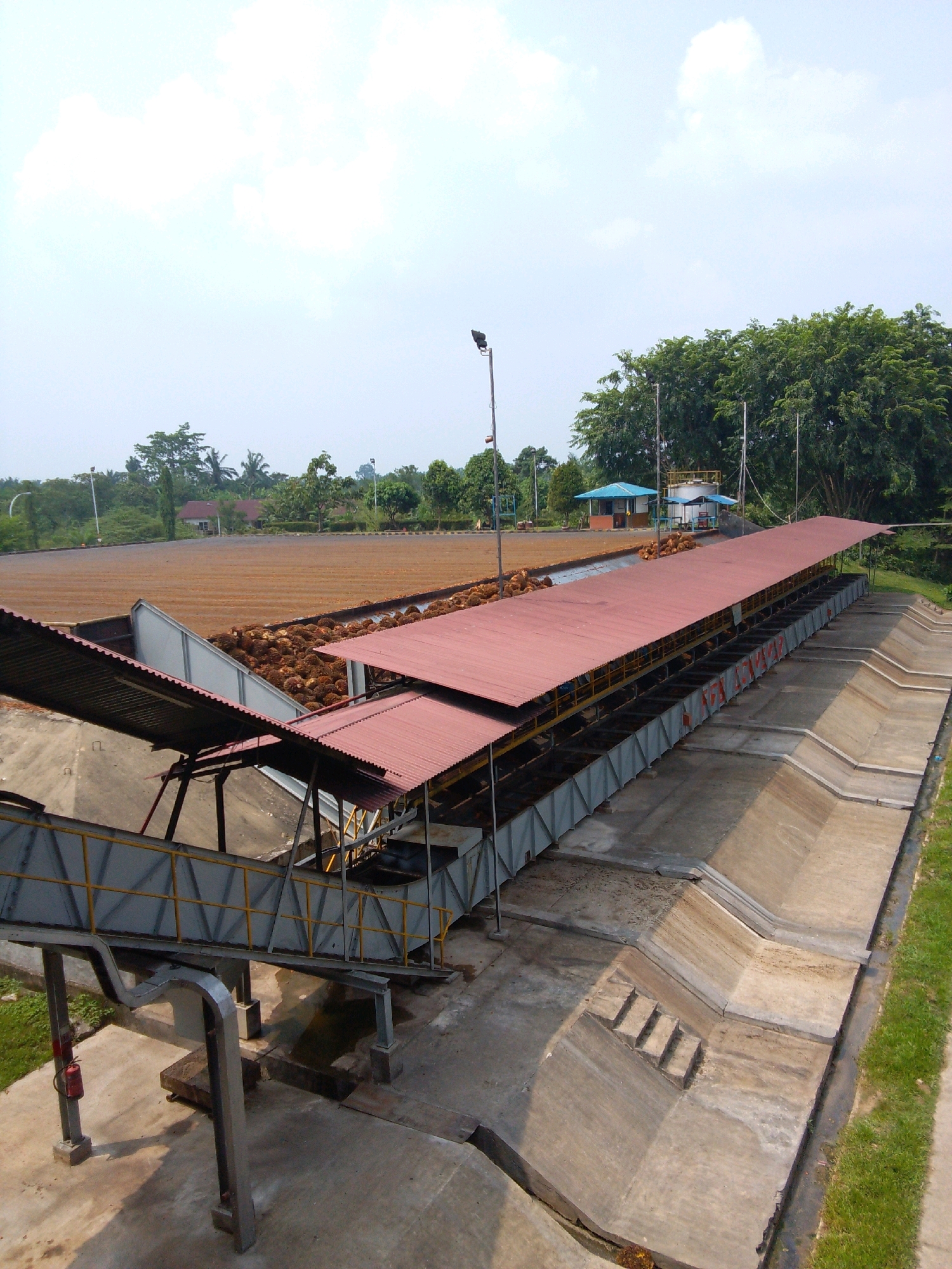 This is a high-angle, full shot of an open-air processing facility, likely for agricultural products, in Gunung Manaon, Indonesia. The dominant structure is a long, red-roofed building with an open, multi-level interior supported by metal pillars and featuring a conveyor system running along its length. To the left, a metal walkway with yellow safety railings leads from a lower level upwards towards the processing building. Piles of harvested palm fruit are visible within the processing building and in a large, flat outdoor area in the background, which appears to be a drying or staging ground. The facility is surrounded by lush green trees and vegetation, and the sky is overcast with scattered clouds. Concrete drainage channels with small steps are visible in the foreground to the right of the processing building. There are no people visible in the image.